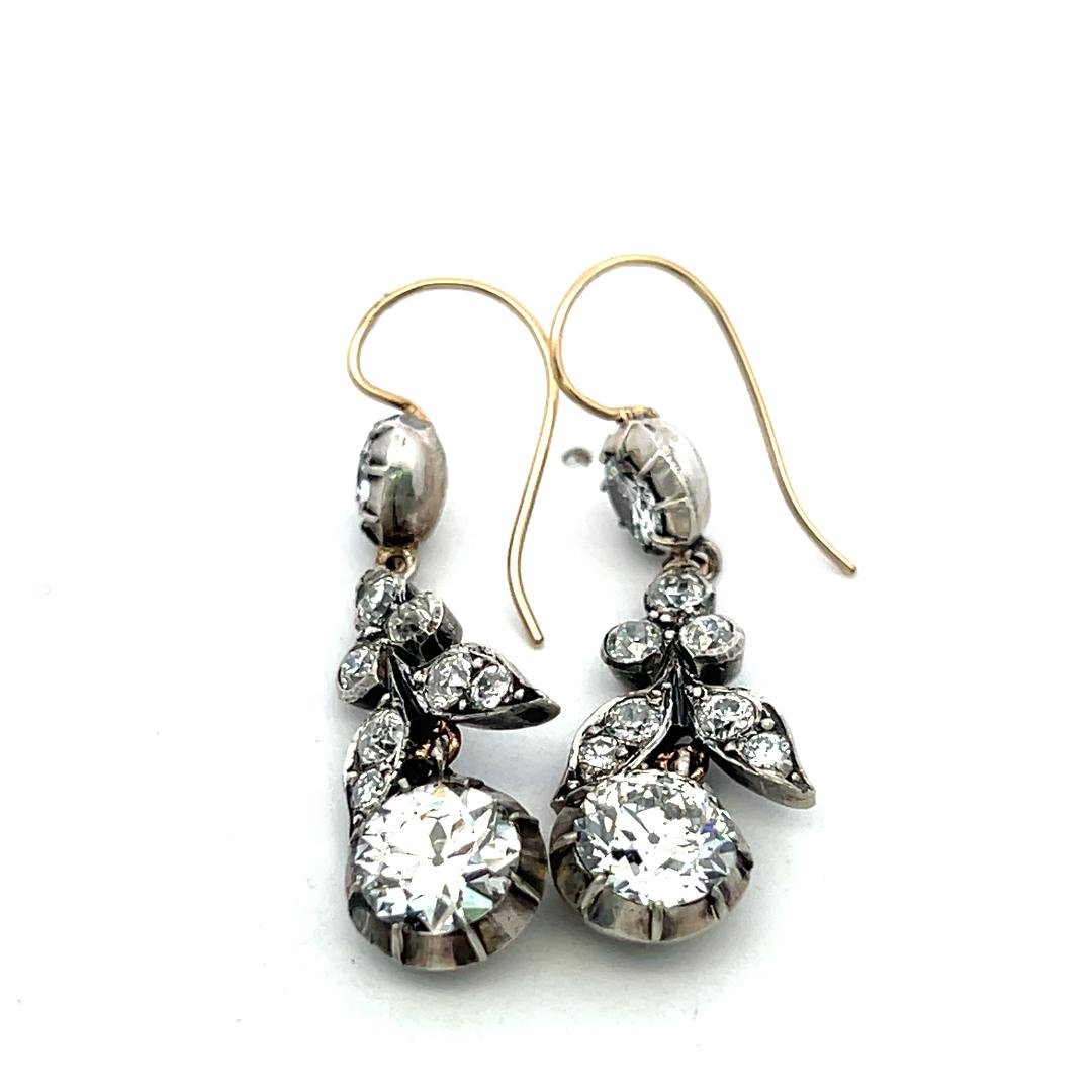 Gold Silver Drop Earrings with 4.07ct Old European & Circular Diamonds K SI2 GIA