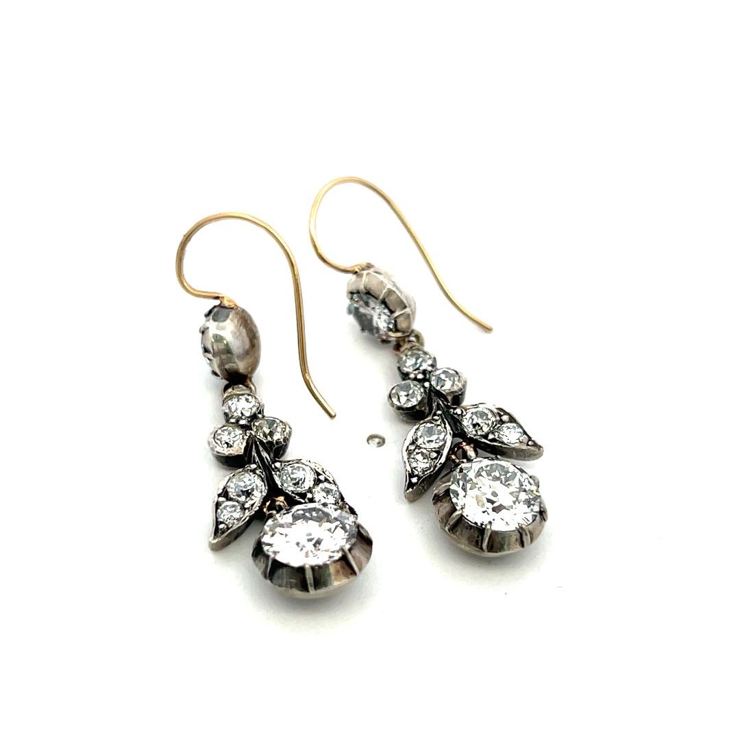 Gold Silver Drop Earrings with 4.07ct Old European & Circular Diamonds K SI2 GIA