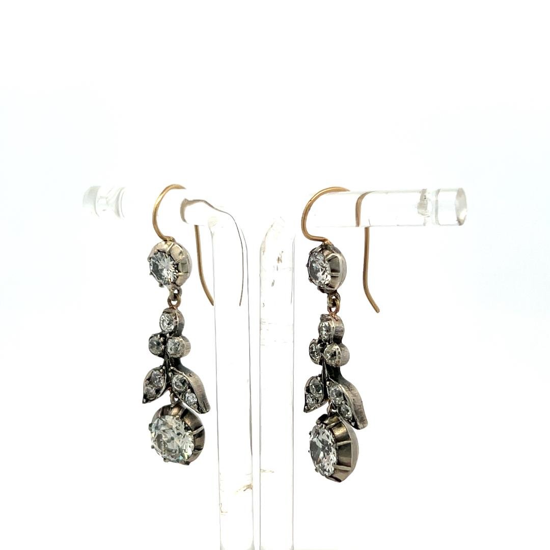 Gold Silver Drop Earrings with 4.07ct Old European & Circular Diamonds K SI2 GIA