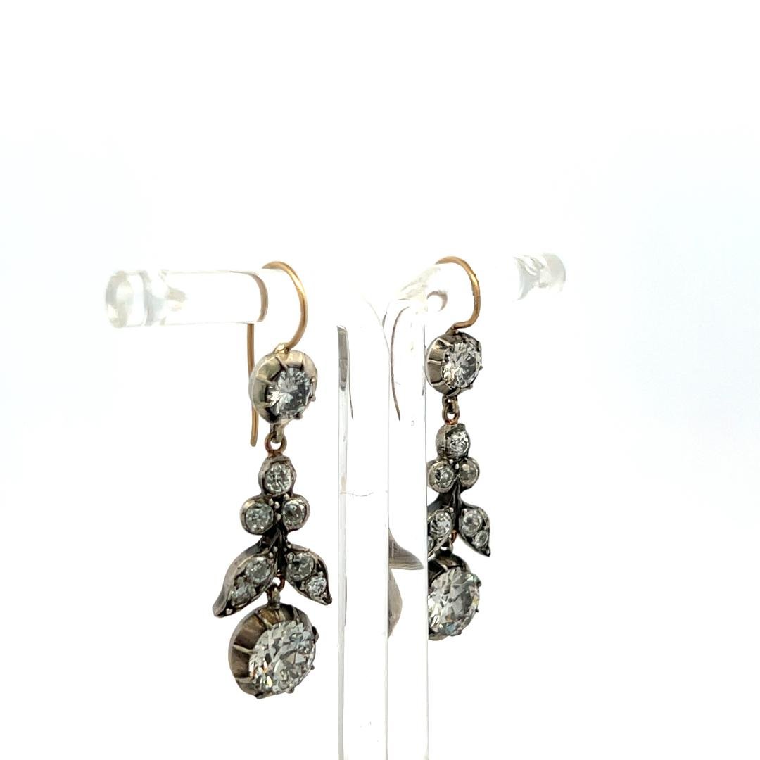Gold Silver Drop Earrings with 4.07ct Old European & Circular Diamonds K SI2 GIA