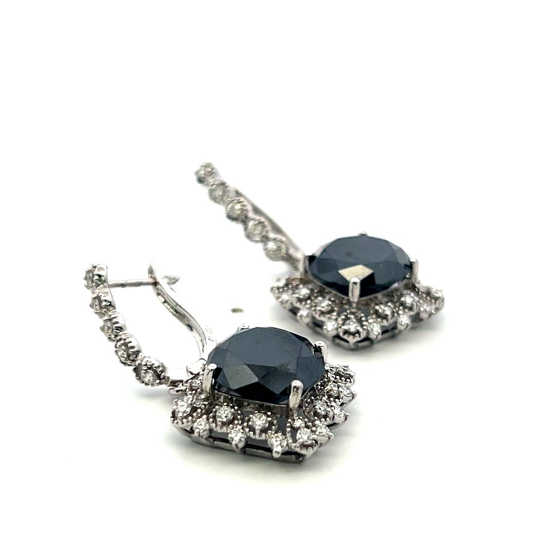 14K WG Drop Earrings with 1.02ct Round J SI & 11.83-11.85x7.42mm Black Diamonds