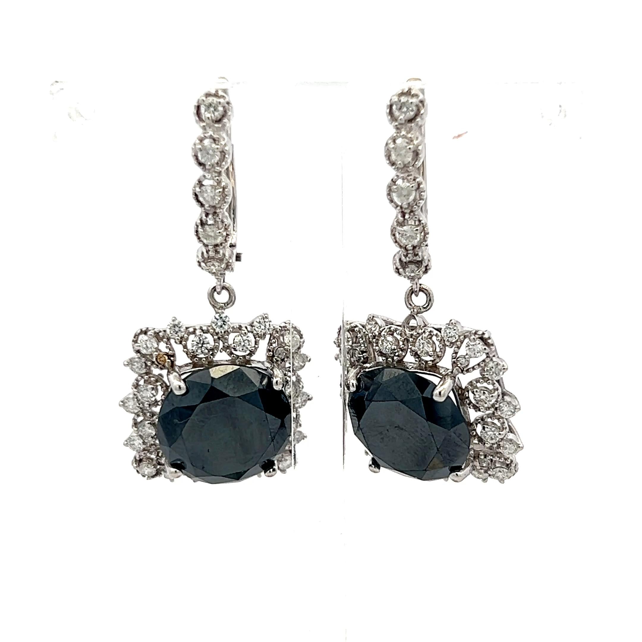 14K WG Drop Earrings with 1.02ct Round J SI & 11.83-11.85x7.42mm Black Diamonds