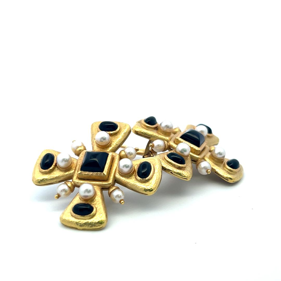 Elizabeth Gage 18K YG Clip-On Earrings 6.81x6.76mm Onyx & 4.35x4.21mm Pearls