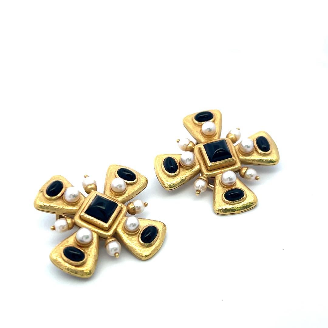Elizabeth Gage 18K YG Clip-On Earrings 6.81x6.76mm Onyx & 4.35x4.21mm Pearls