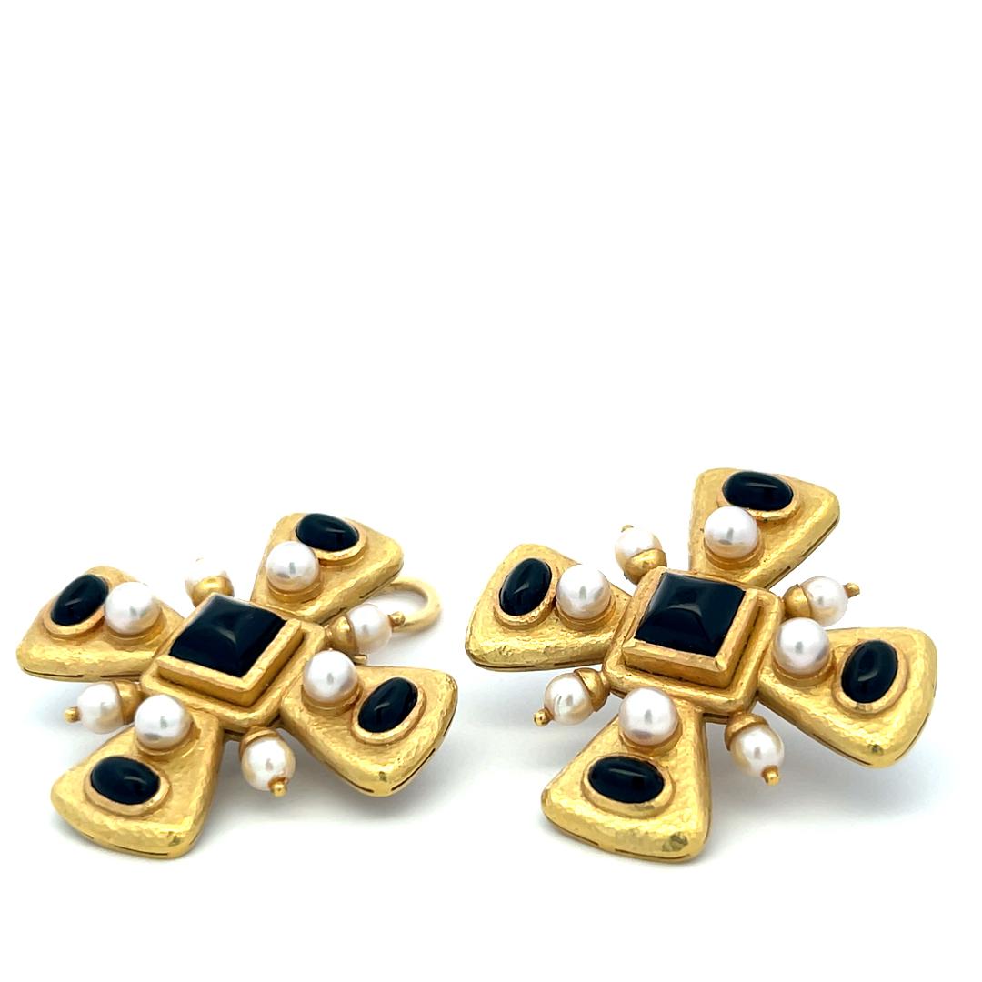 Elizabeth Gage 18K YG Clip-On Earrings 6.81x6.76mm Onyx & 4.35x4.21mm Pearls