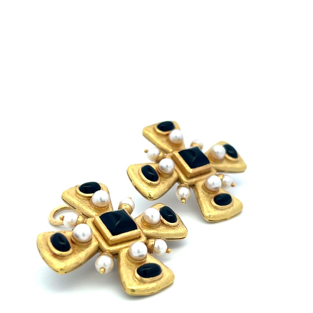 Elizabeth Gage 18K YG Clip-On Earrings 6.81x6.76mm Onyx & 4.35x4.21mm Pearls