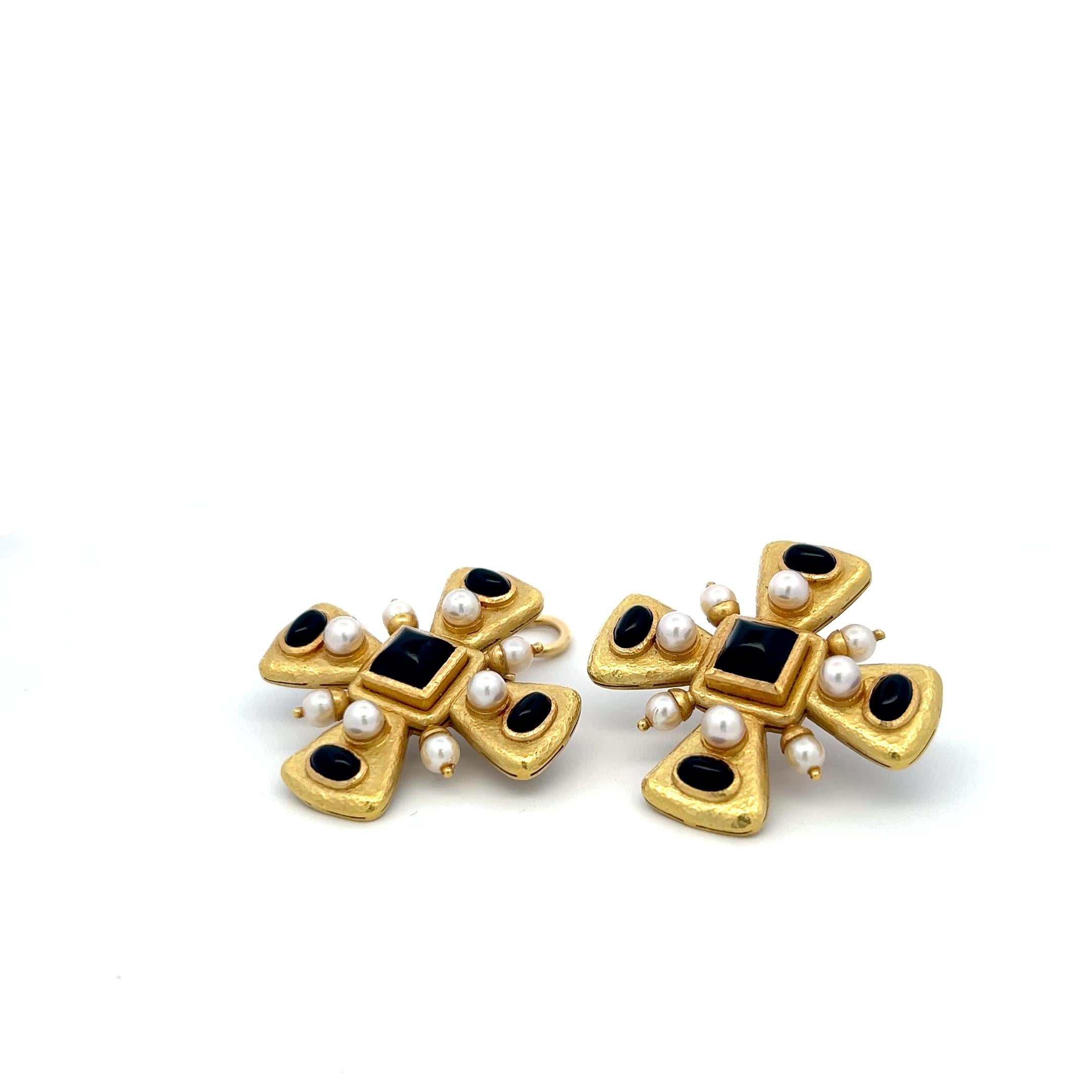 Elizabeth Gage 18K YG Clip-On Earrings 6.81x6.76mm Onyx & 4.35x4.21mm Pearls