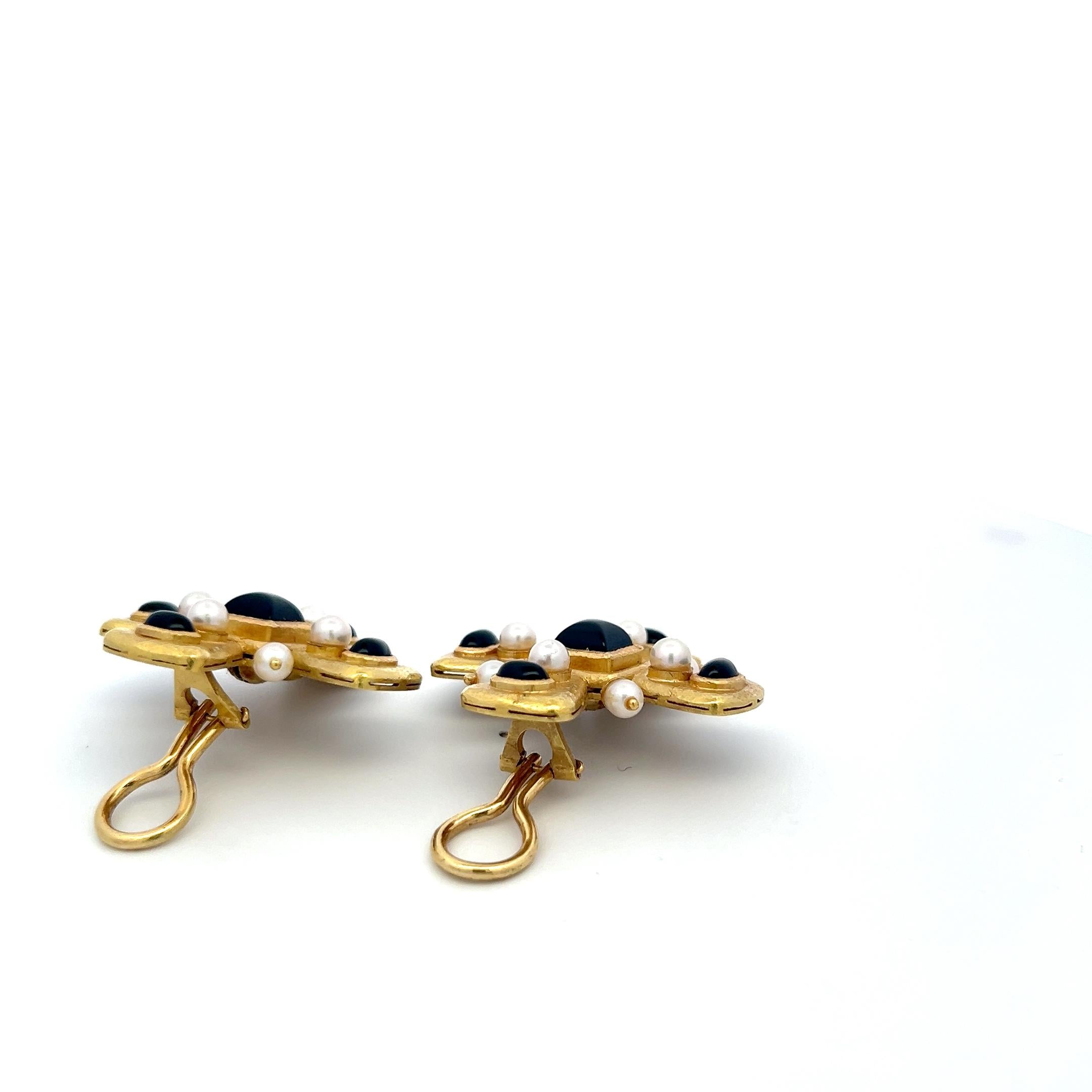 Elizabeth Gage 18K YG Clip-On Earrings 6.81x6.76mm Onyx & 4.35x4.21mm Pearls