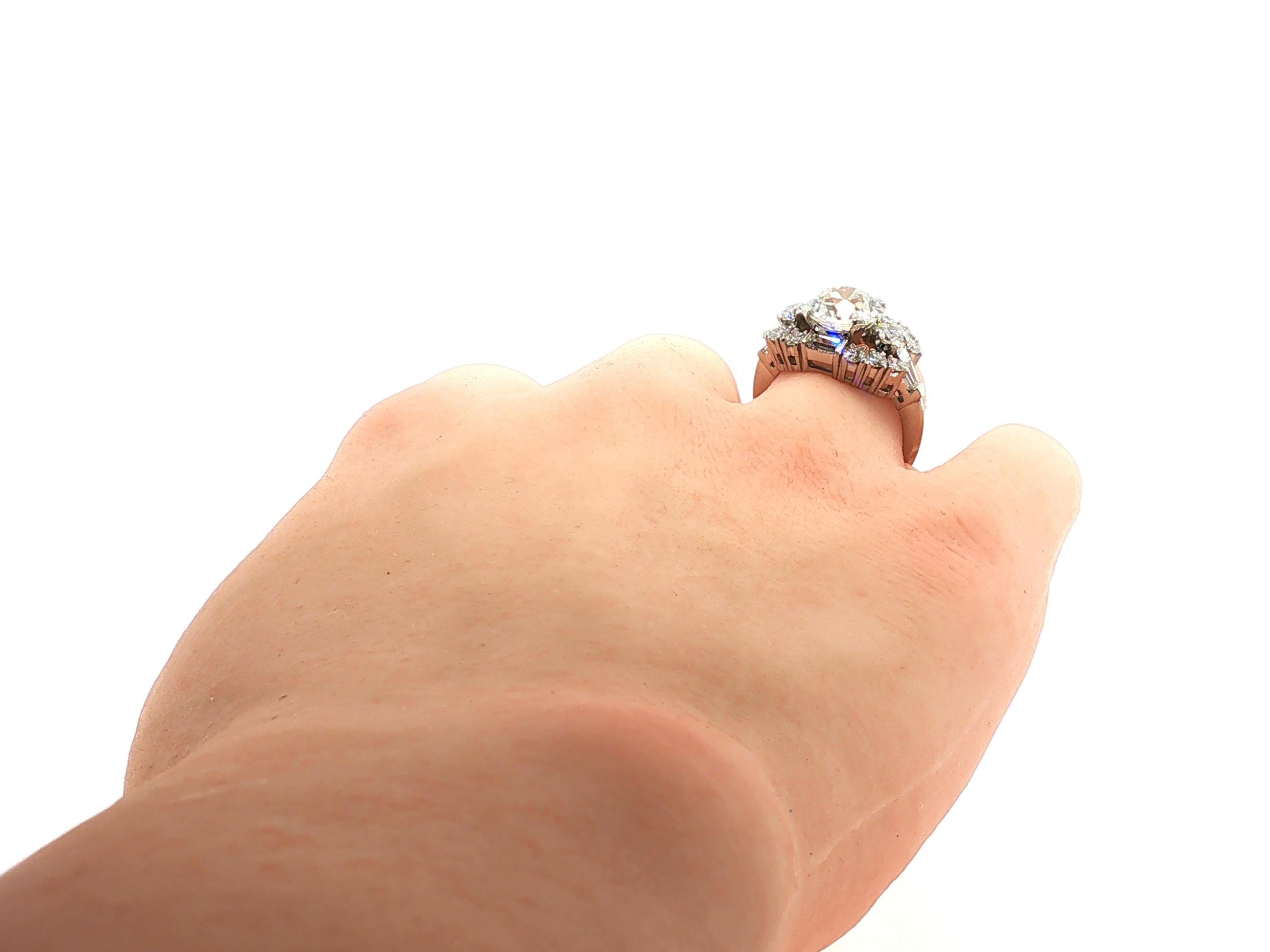 Platinum Art Deco Ring with 3.54 Carat Mixed Cut Diamonds Size 6 H-VS2 GIA