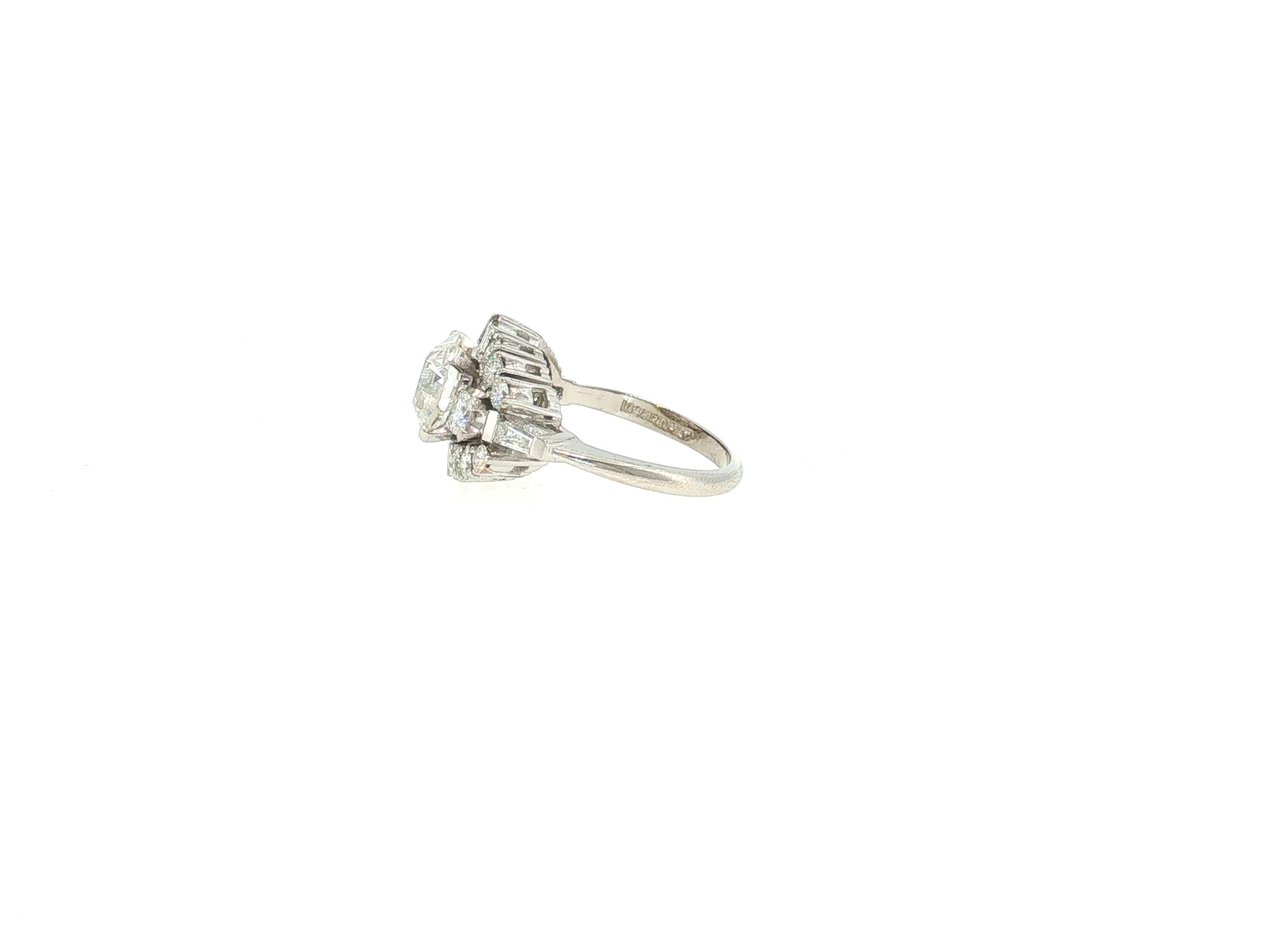 Platinum Art Deco Ring with 3.54 Carat Mixed Cut Diamonds Size 6 H-VS2 GIA