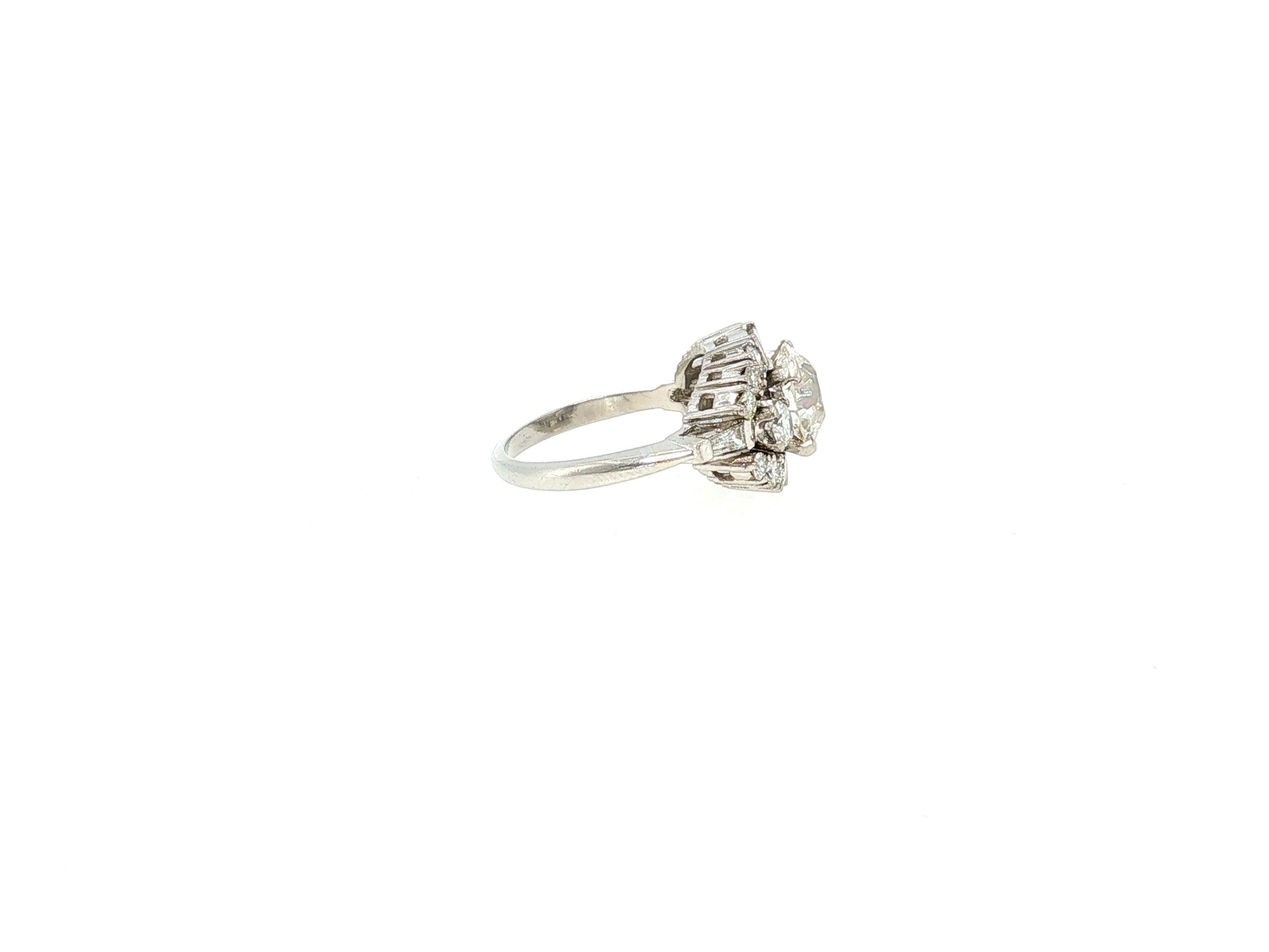 Platinum Art Deco Ring with 3.54 Carat Mixed Cut Diamonds Size 6 H-VS2 GIA