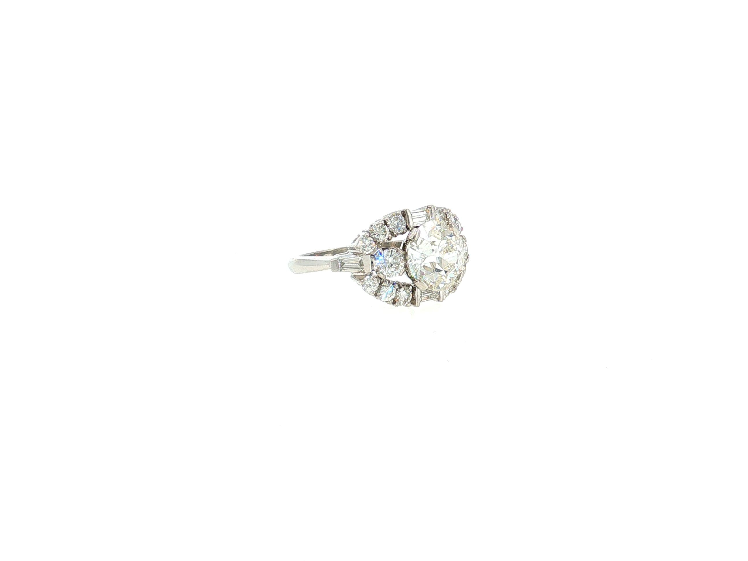 Platinum Art Deco Ring with 3.54 Carat Mixed Cut Diamonds Size 6 H-VS2 GIA
