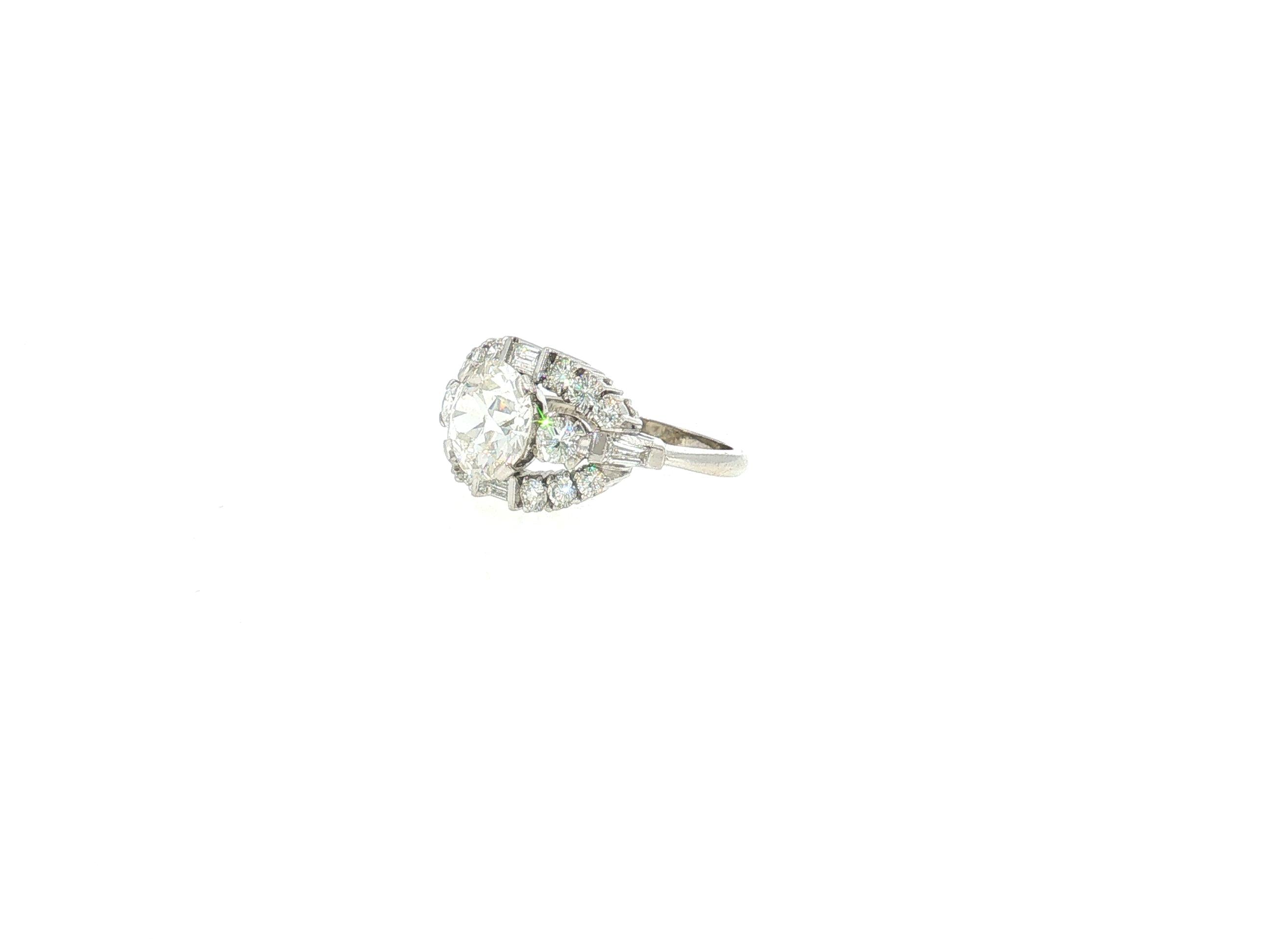 Platinum Art Deco Ring with 3.54 Carat Mixed Cut Diamonds Size 6 H-VS2 GIA