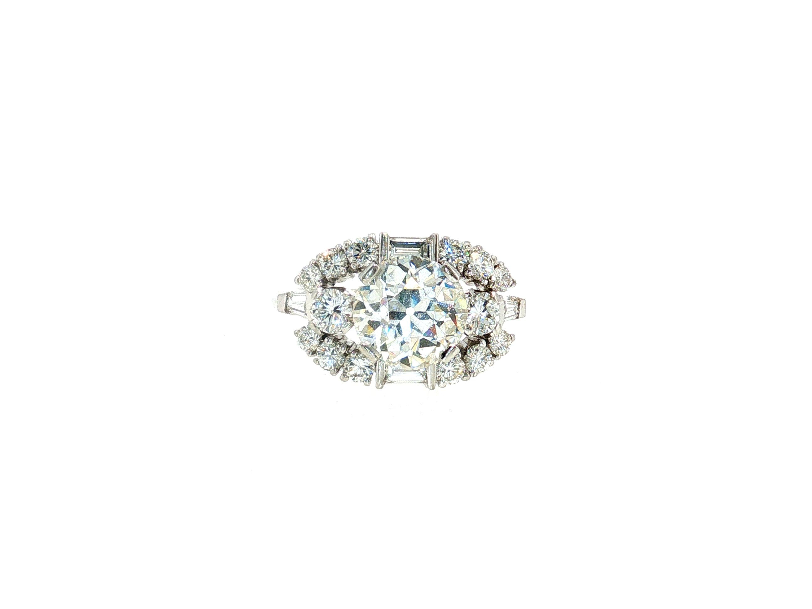 Platinum Art Deco Ring with 3.54 Carat Mixed Cut Diamonds Size 6 H-VS2 GIA