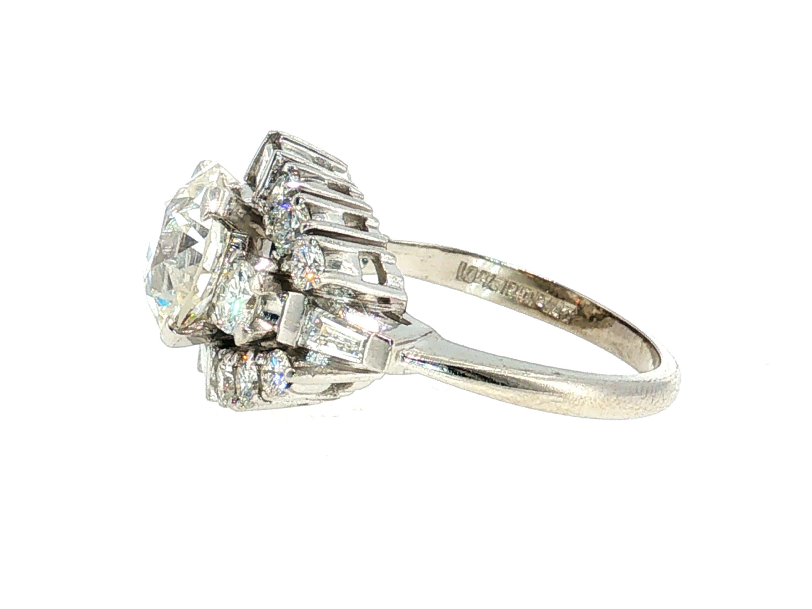Platinum Art Deco Ring with 3.54 Carat Mixed Cut Diamonds Size 6 H-VS2 GIA
