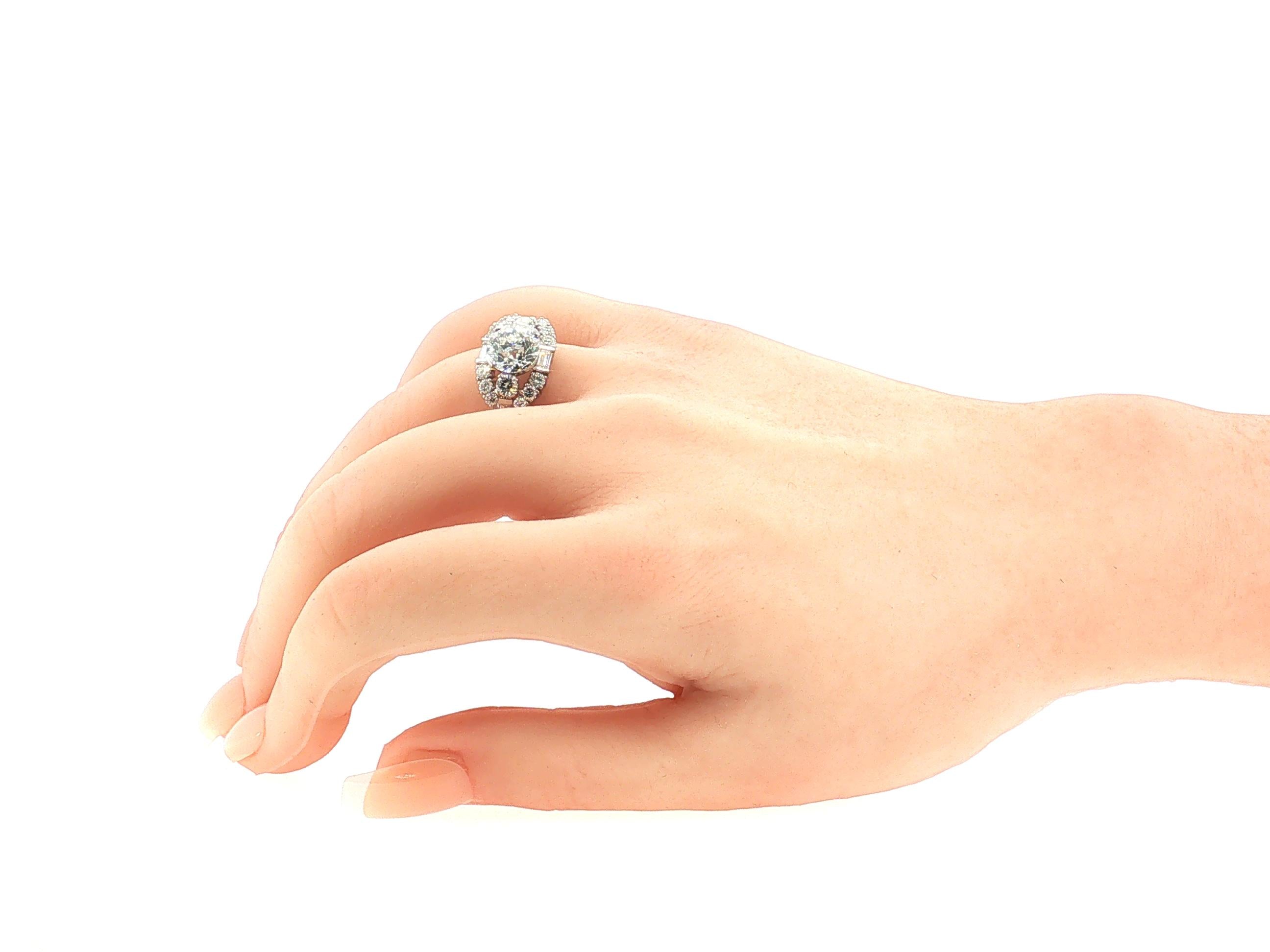 Platinum Art Deco Ring with 3.54 Carat Mixed Cut Diamonds Size 6 H-VS2 GIA