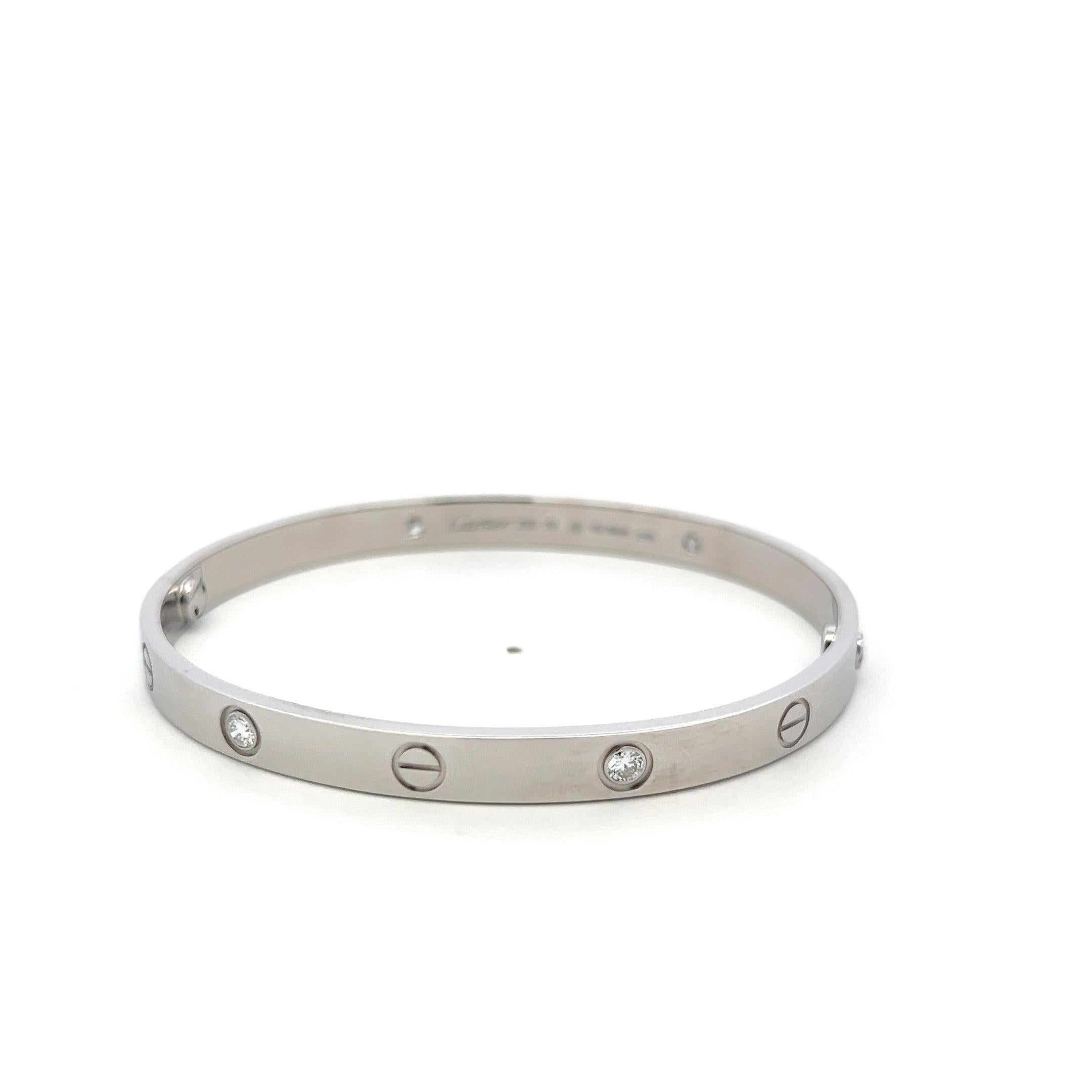 Cartier 18K White Gold Love Bracelet with 4 Diamond Size 19 Box and Paper