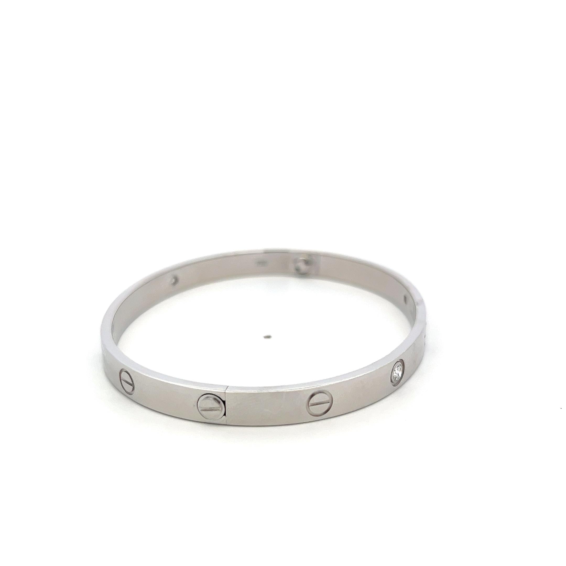 Cartier 18K White Gold Love Bracelet with 4 Diamond Size 19 Box and Paper