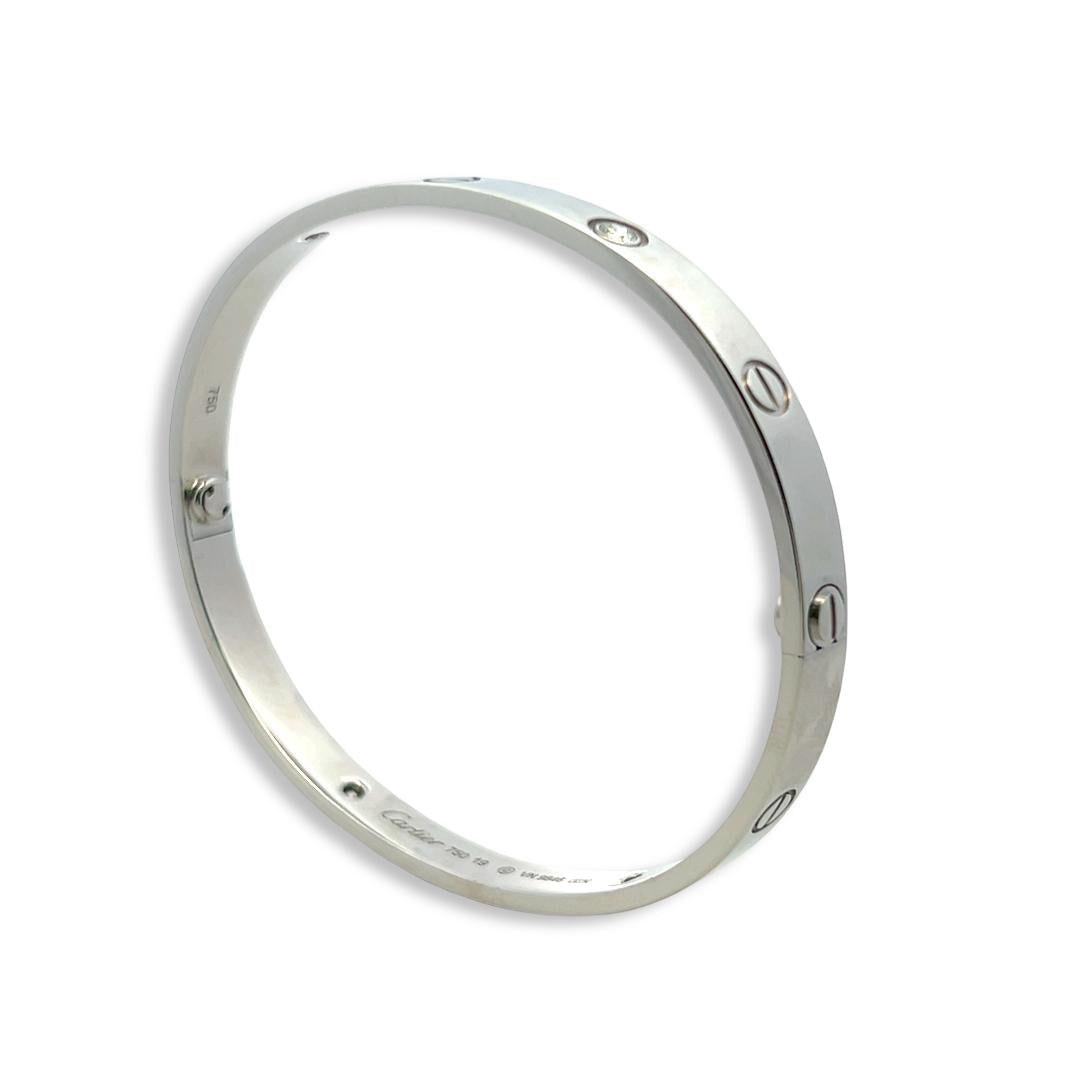 Cartier 18K White Gold Love Bracelet with 4 Diamond Size 19 Box and Paper