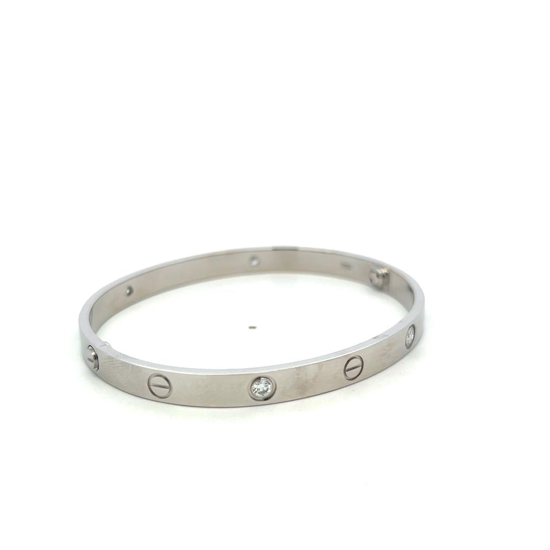 Cartier 18K White Gold Love Bracelet with 4 Diamond Size 19 Box and Paper