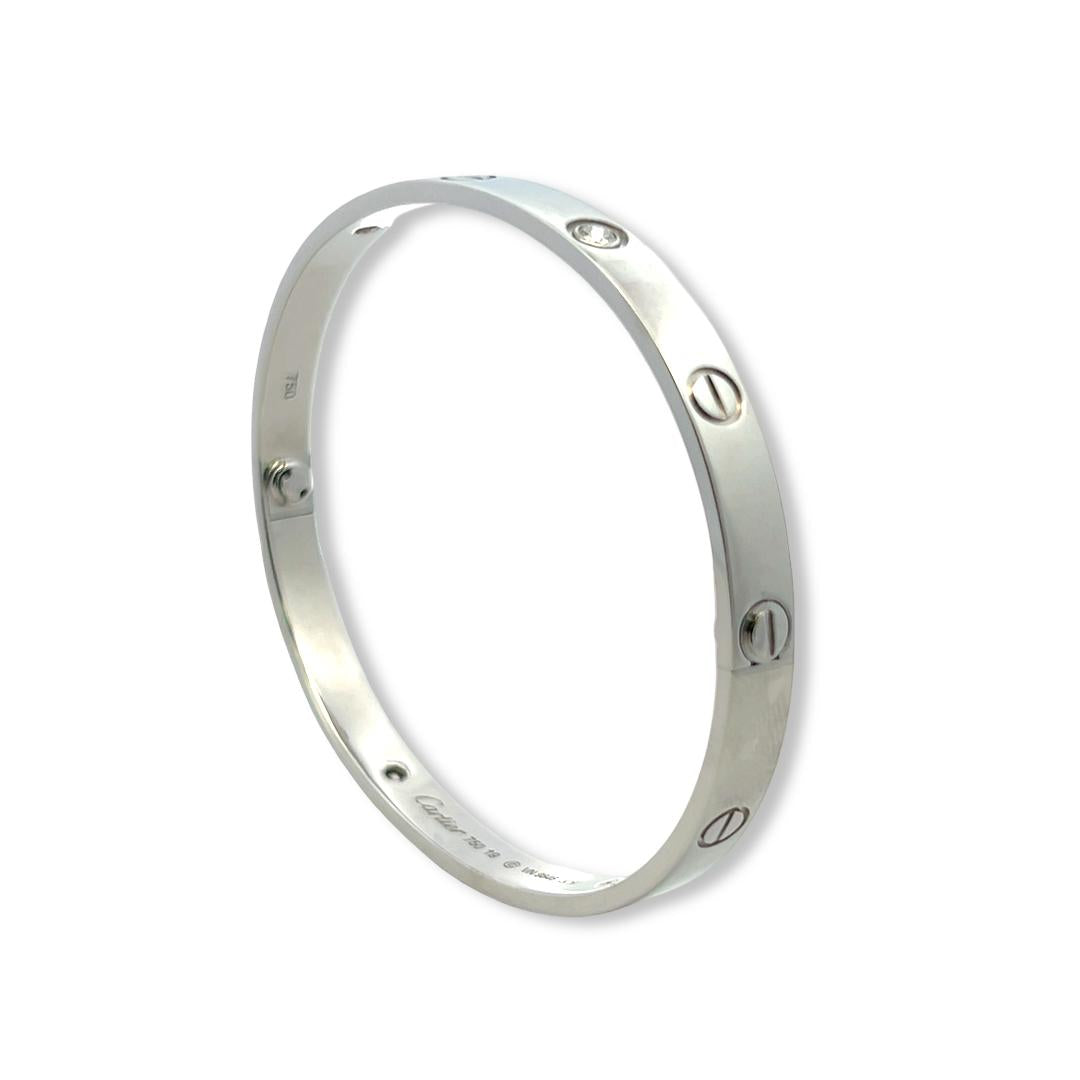 Cartier 18K White Gold Love Bracelet with 4 Diamond Size 19 Box and Paper
