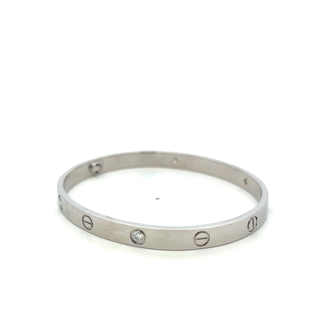 Cartier 18K White Gold Love Bracelet with 4 Diamond Size 19 Box and Paper