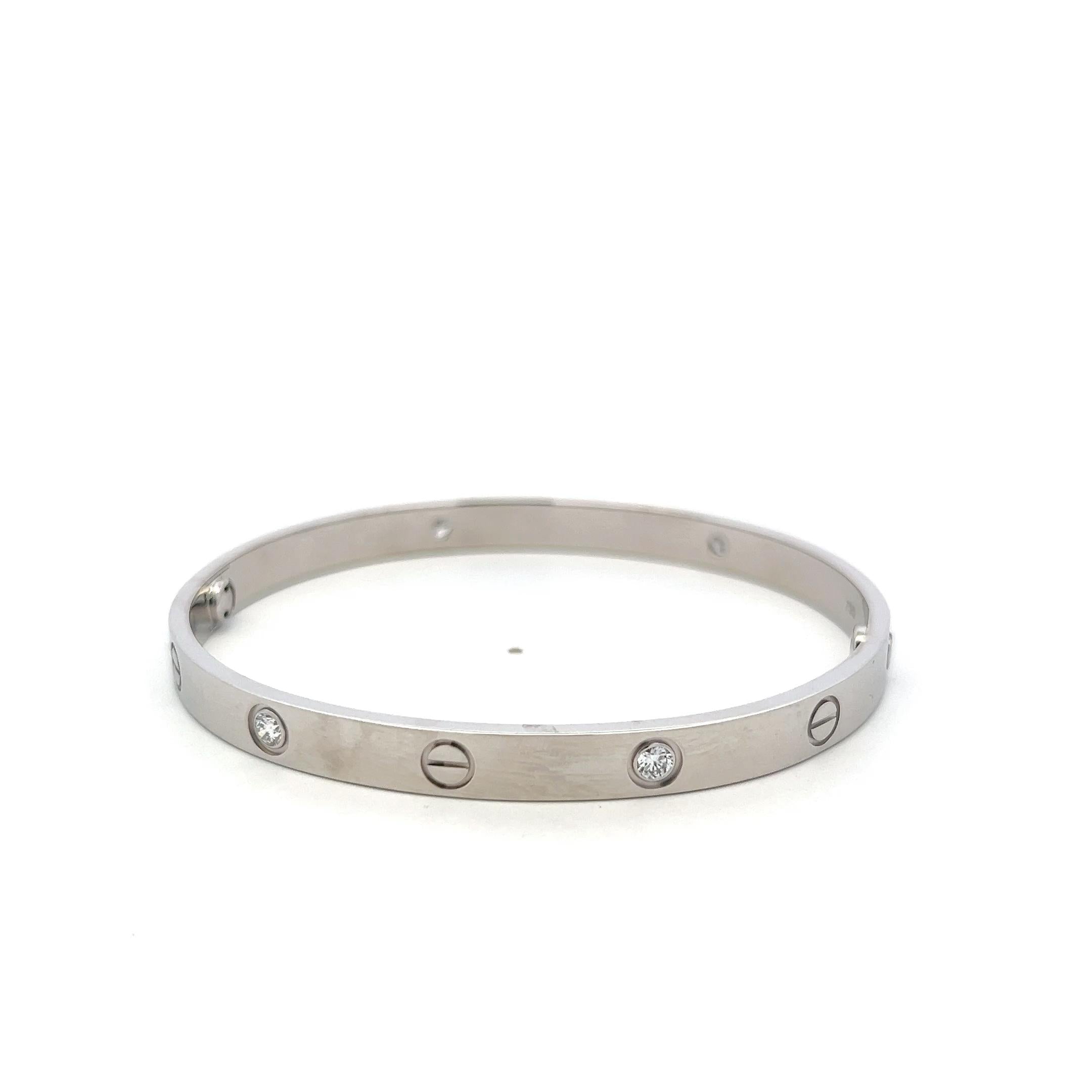 Cartier 18K White Gold Love Bracelet with 4 Diamond Size 19 Box and Paper