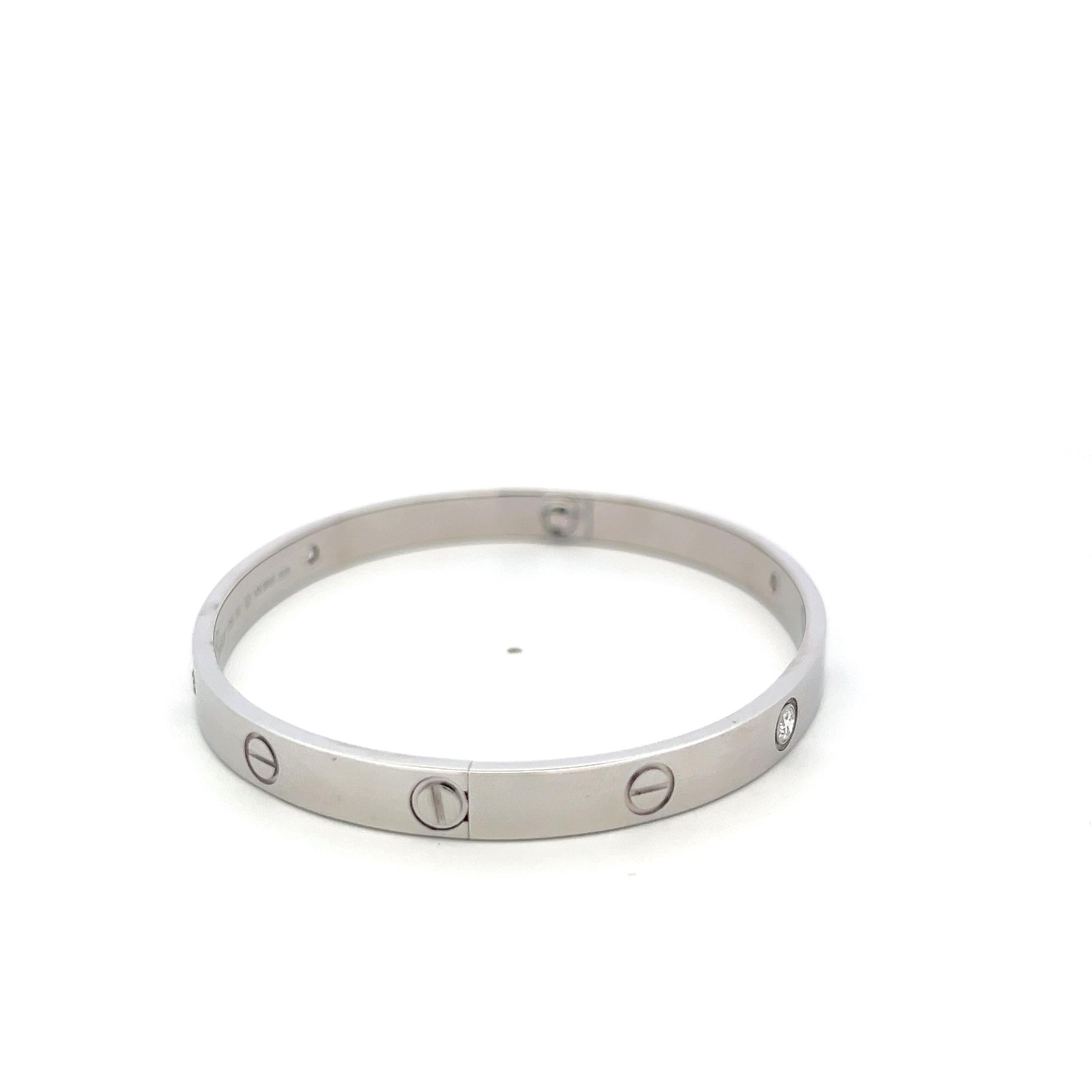 Cartier 18K White Gold Love Bracelet with 4 Diamond Size 19 Box and Paper