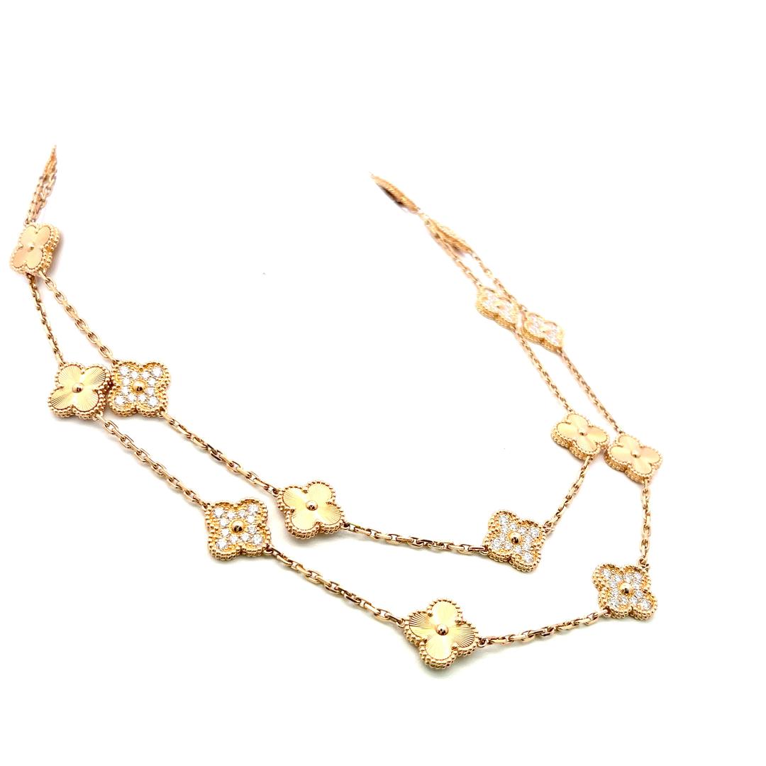 Van Cleef & Arpels 18K Yellow Gold Clover Necklace 4.83ct Round F VVS Diamonds