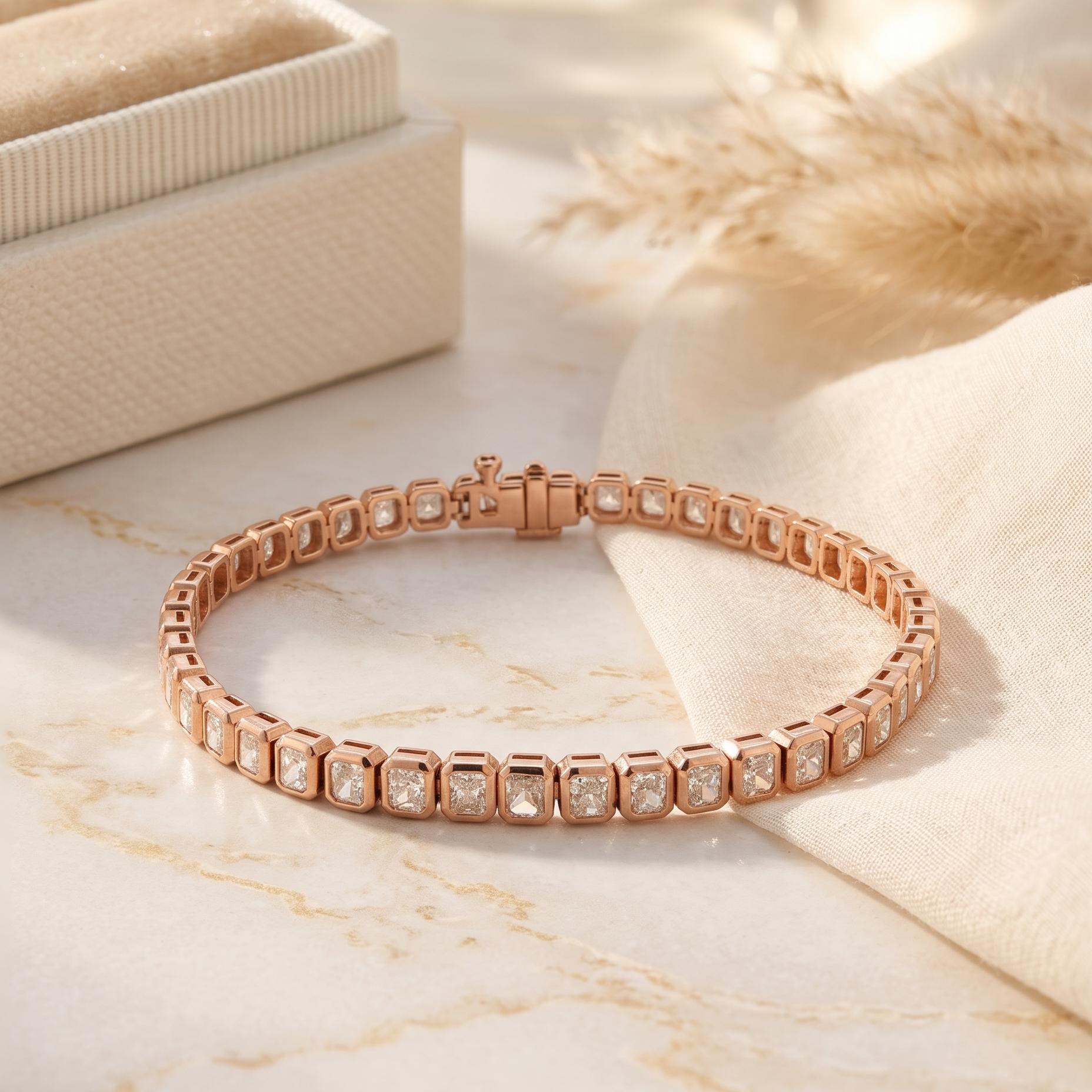 Vintage 18K Rose Gold Tennis Bracelet with 7.52 Carat Radiant Cut I SI Diamonds