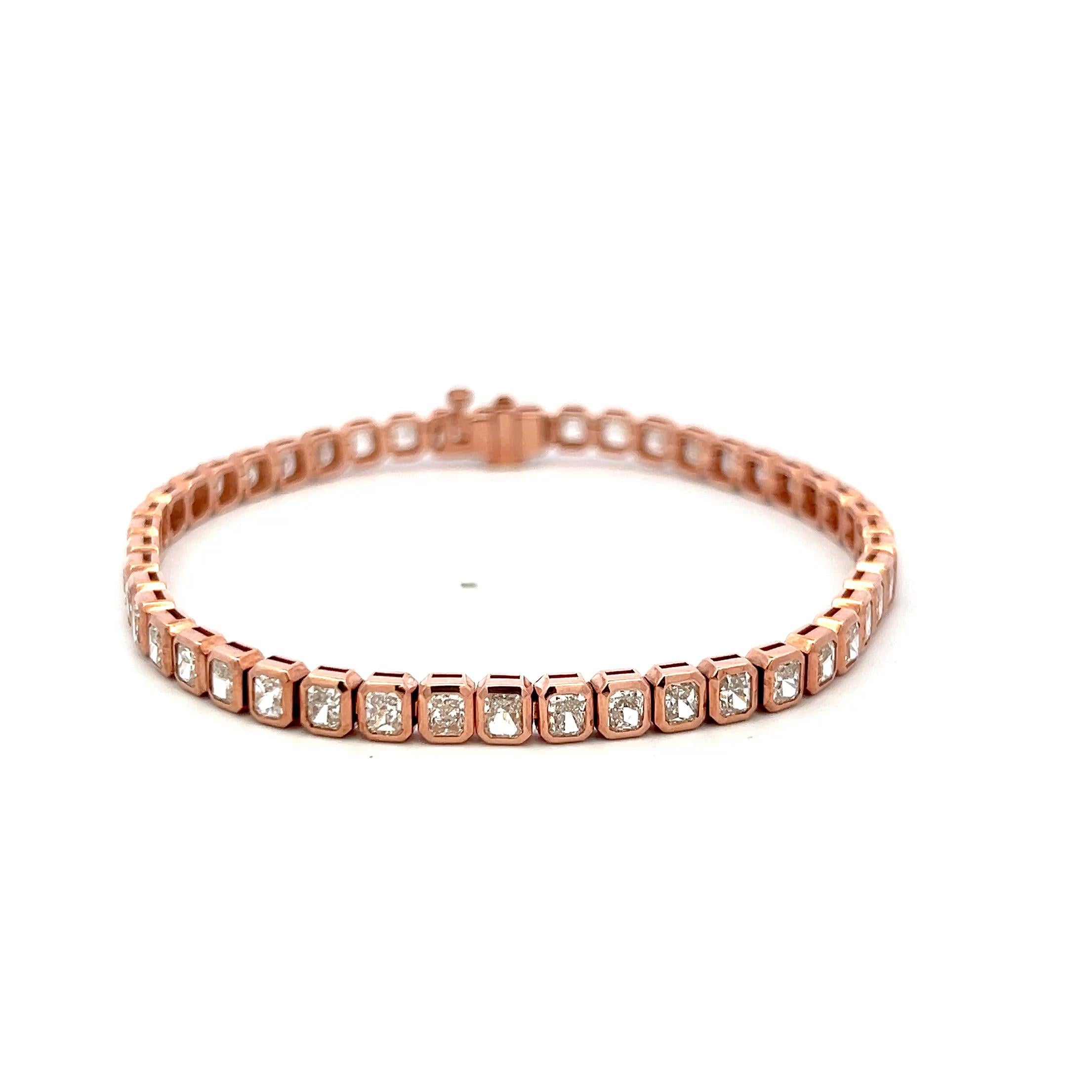 Vintage 18K Rose Gold Tennis Bracelet with 7.52 Carat Radiant Cut Diamonds