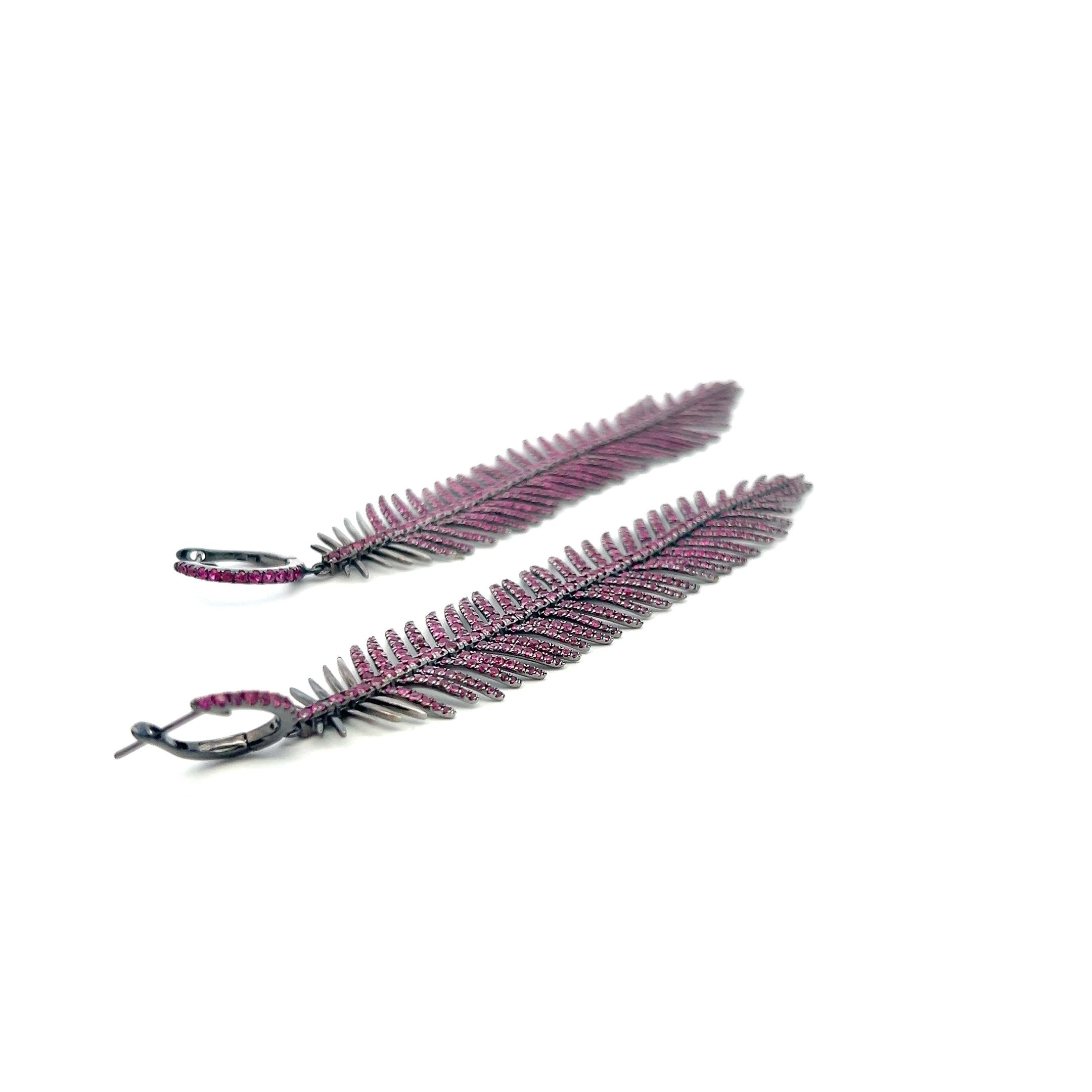 Vintage 18K White Gold Feather Drop Earrings with 7.84 Carat Ruby