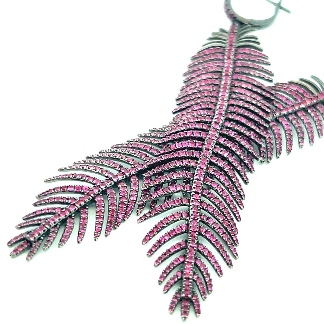 Vintage 18K White Gold Feather Drop Earrings with 7.84 Carat Ruby