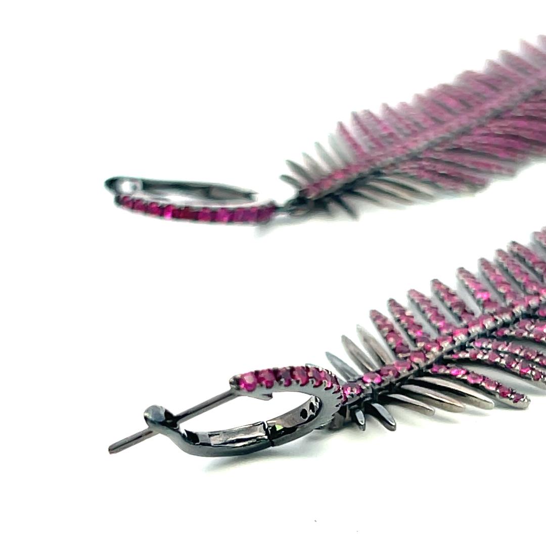 Vintage 18K White Gold Feather Drop Earrings with 7.84 Carat Ruby