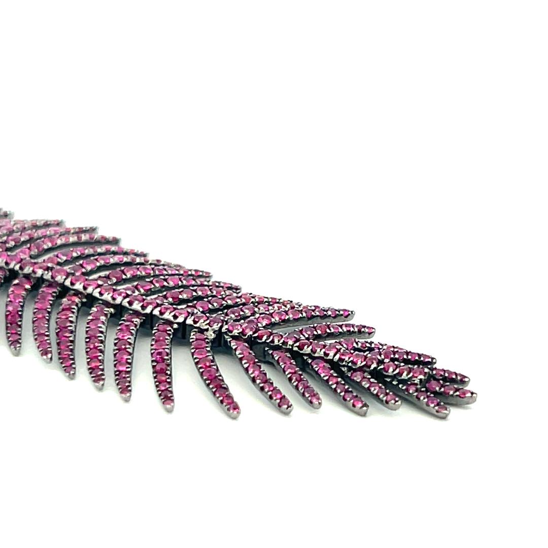 Vintage 18K White Gold Feather Drop Earrings with 7.84 Carat Ruby