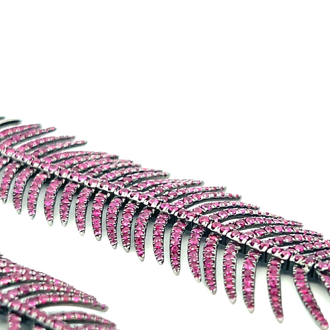 Vintage 18K White Gold Feather Drop Earrings with 7.84 Carat Ruby
