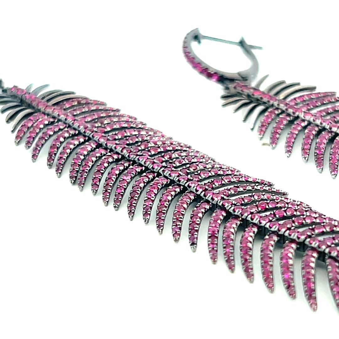 Vintage 18K White Gold Feather Drop Earrings with 7.84 Carat Ruby