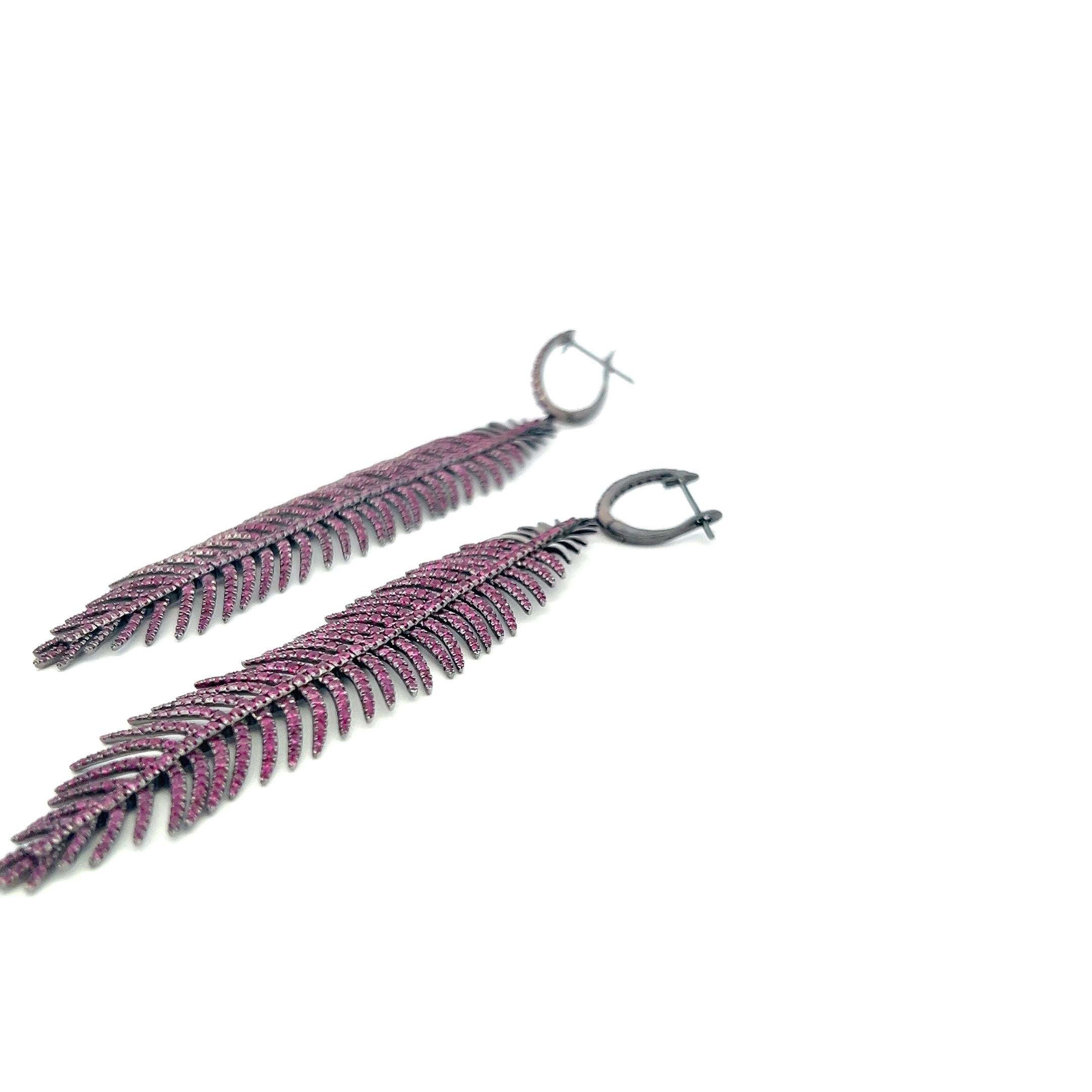 Vintage 18K White Gold Feather Drop Earrings with 7.84 Carat Ruby