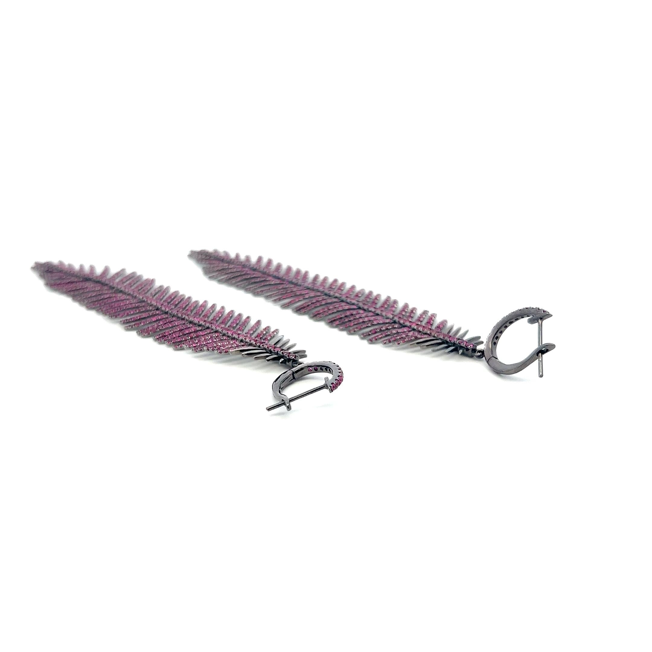 Vintage 18K White Gold Feather Drop Earrings with 7.84 Carat Ruby