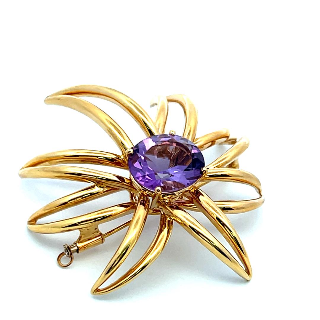 Tiffany & Co 18K Yellow Gold Pin Brooch with 6.4 Carat Oval Amethyst 24 Grams
