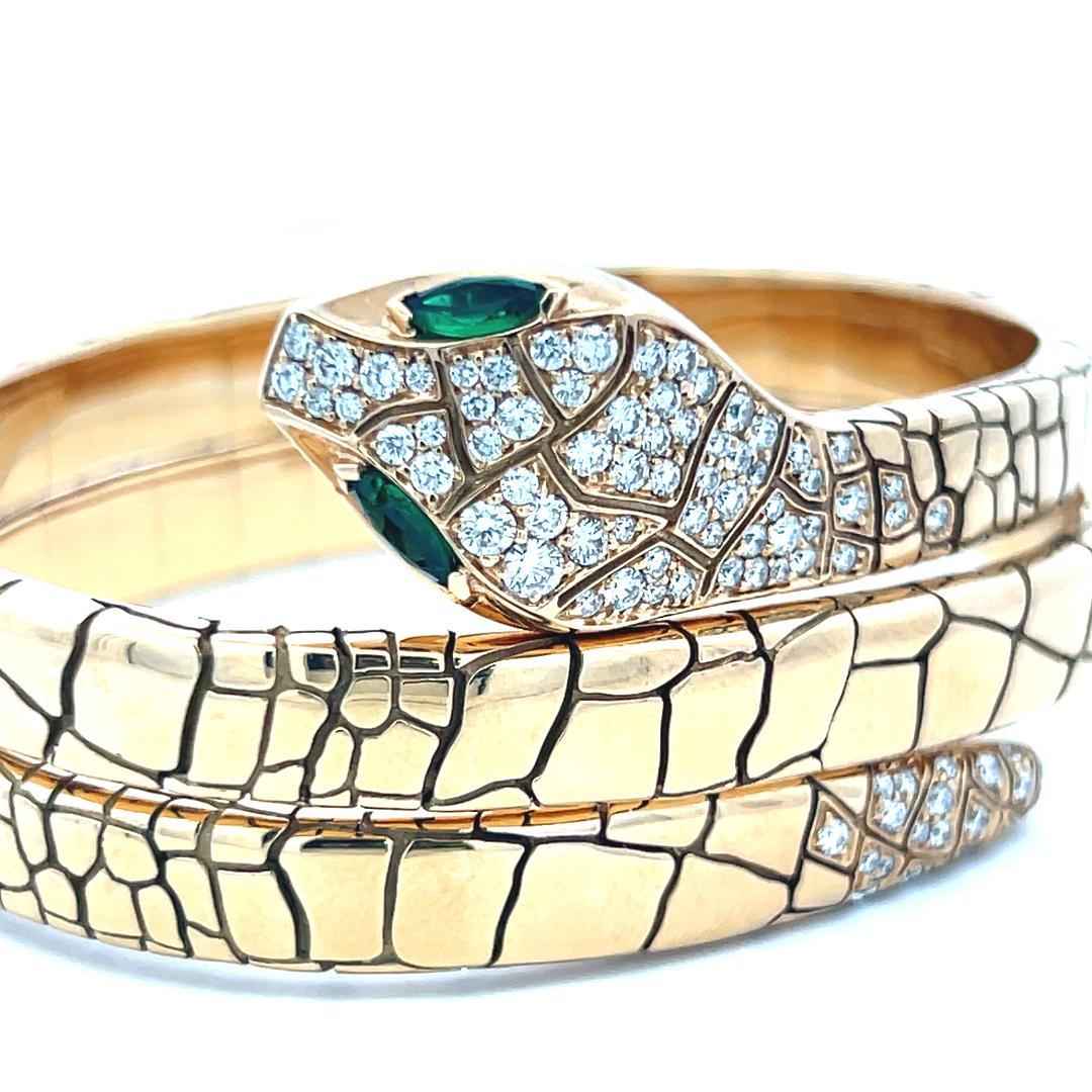 Crivelli 18K YG Bangle Bracelet with 1.06ct Round G VS Diamonds & 0.3ct Emerald