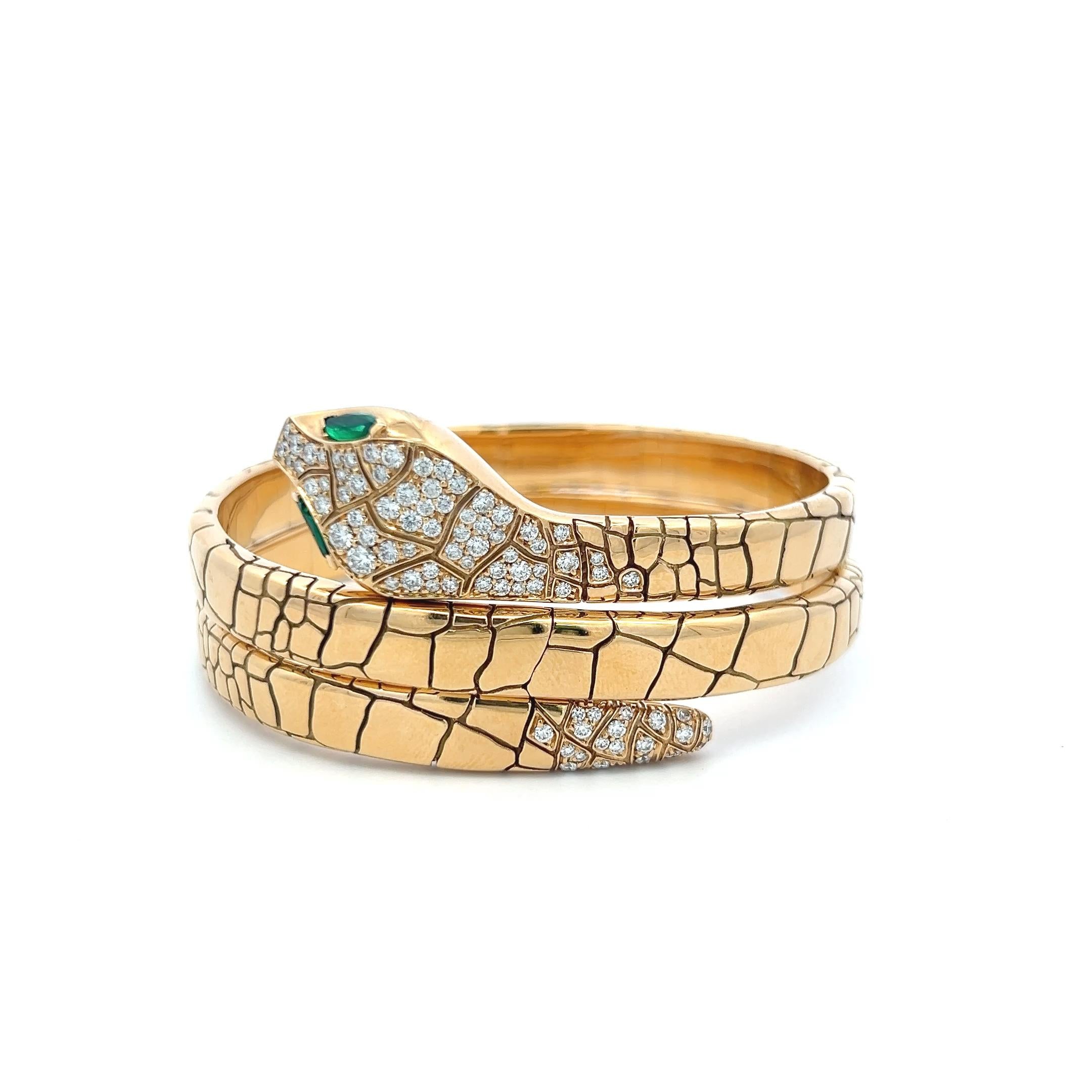 Crivelli 18K YG Bangle Bracelet with 1.06ct Round G VS Diamonds & 0.3ct Emerald