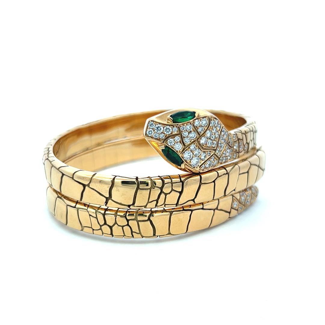Crivelli 18K YG Bangle Bracelet with 1.06ct Round G VS Diamonds & 0.3ct Emerald