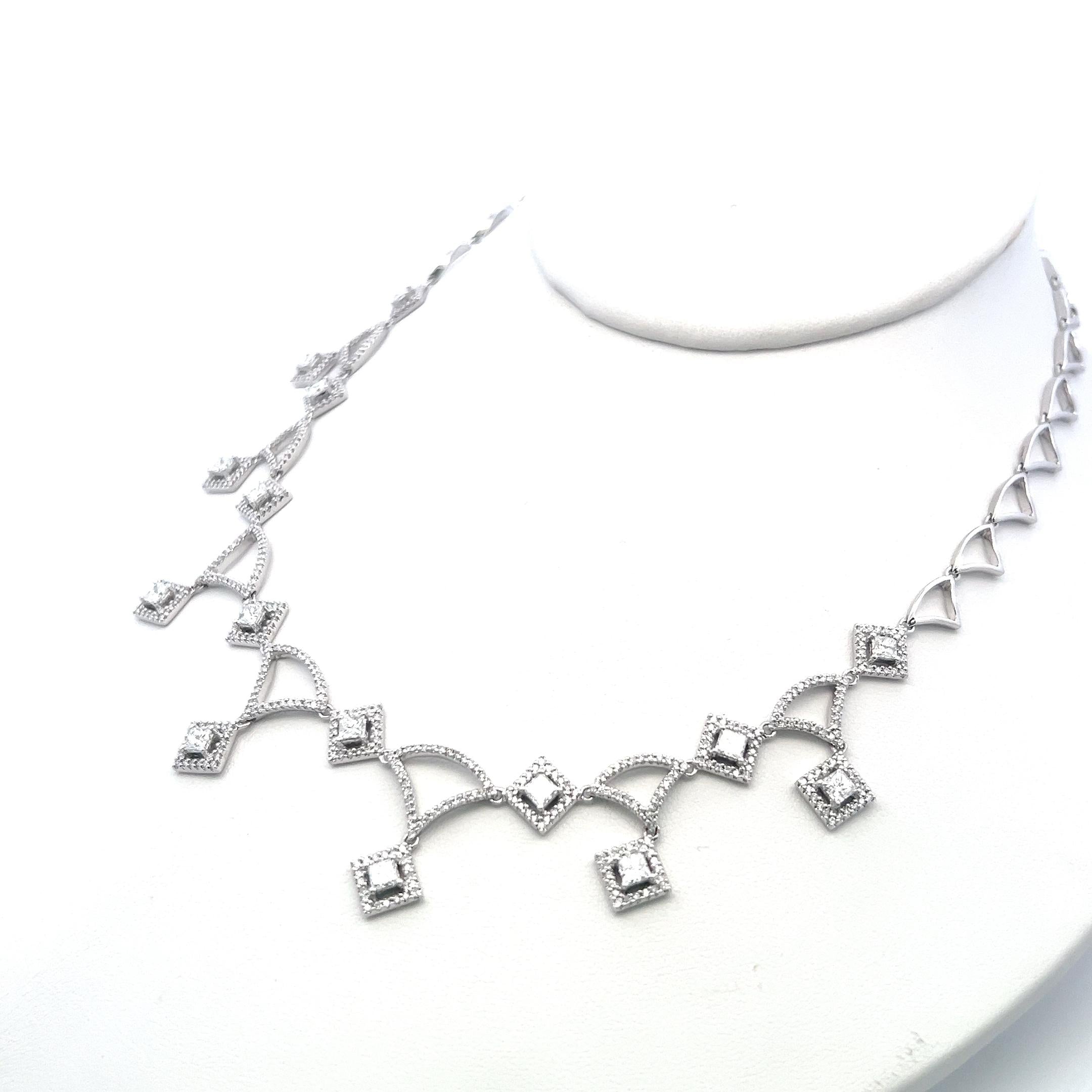 18K White Gold Link Necklace with 6.3ct Round & Princess Cut F VS Diamonds