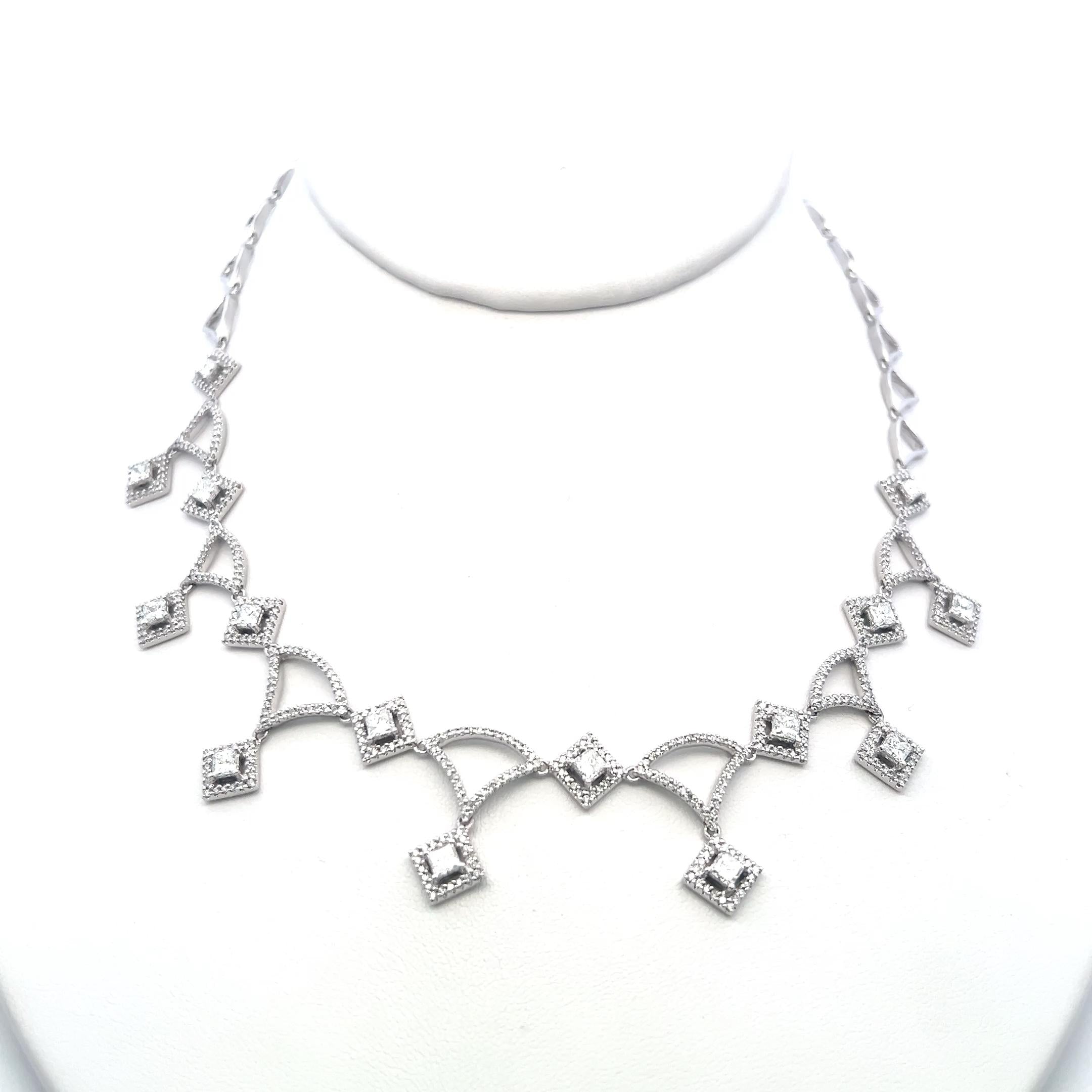 18K White Gold Link Necklace with 6.3ct Round & Princess Cut F VS Diamonds