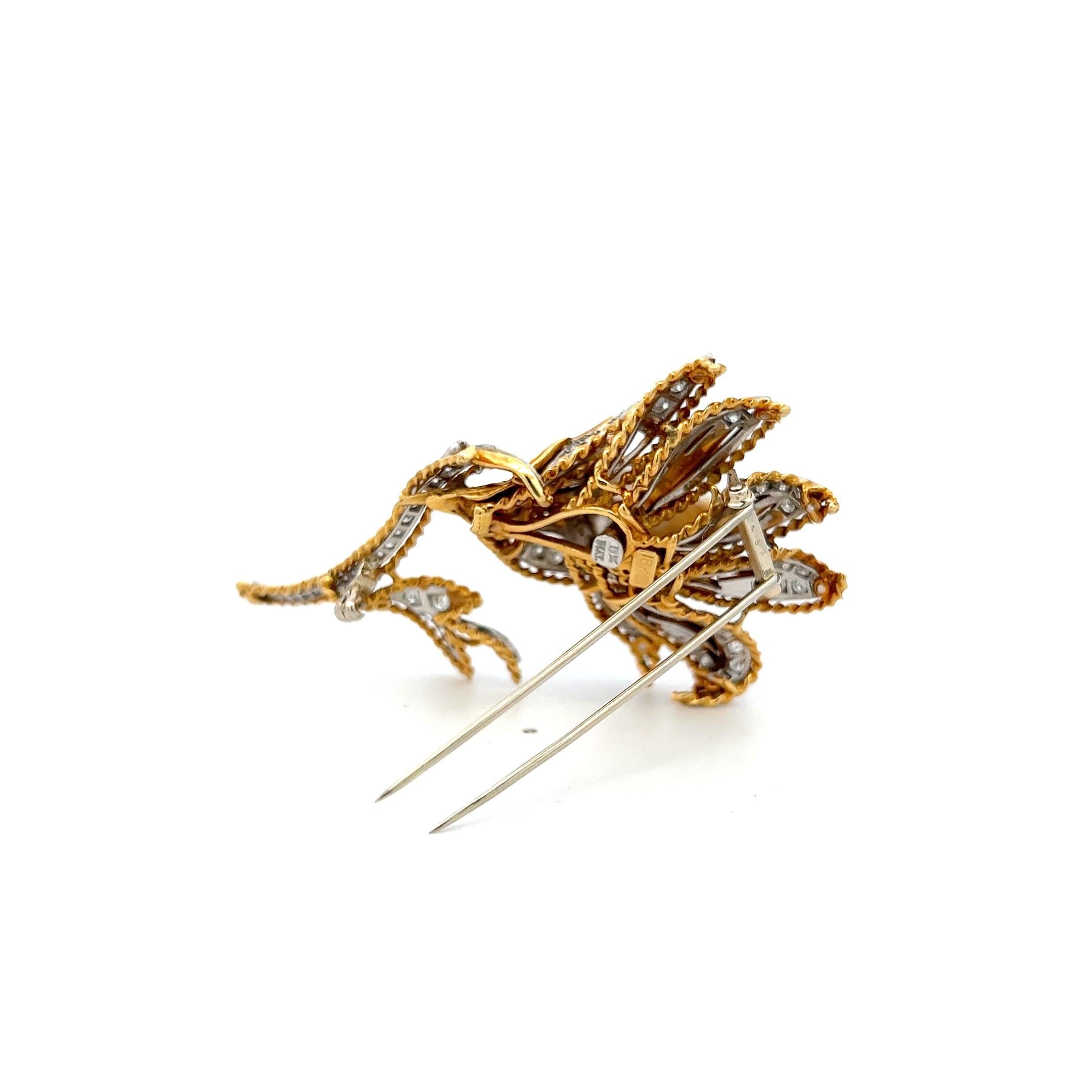 18K YG Flower Pin Brooch with 1.5 Carat Round H VS Diamonds and Pearl