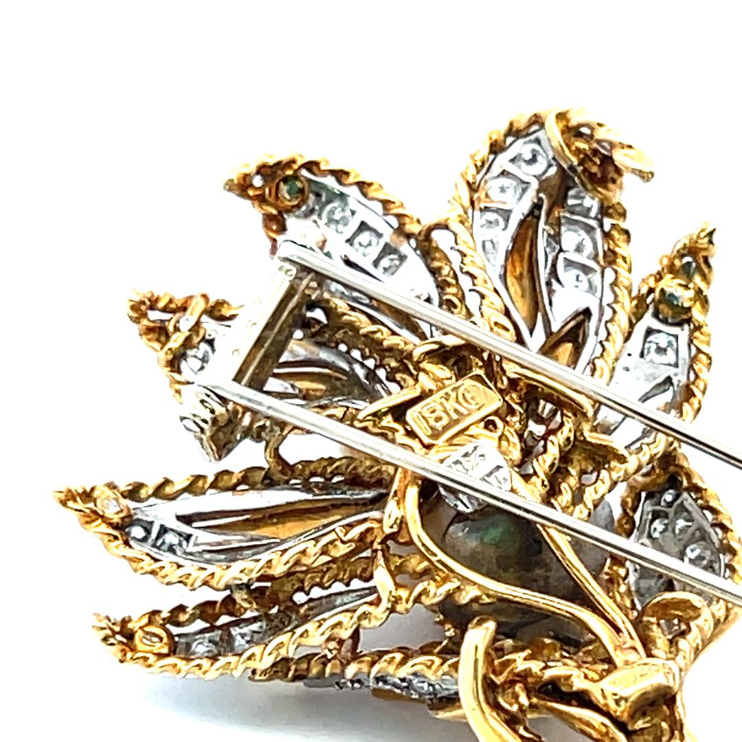 18K YG Flower Pin Brooch with 1.5 Carat Round H VS Diamonds and Pearl