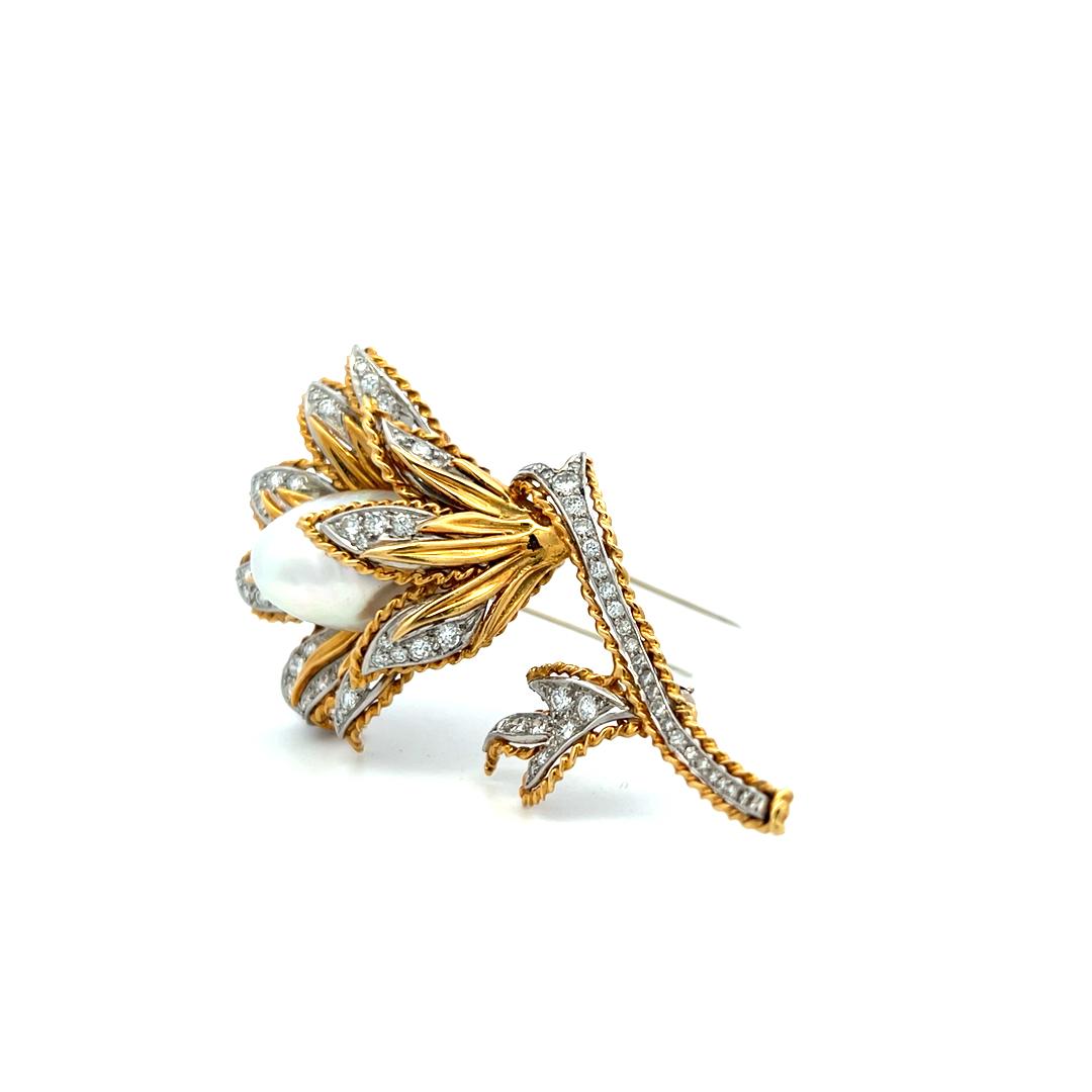 18K YG Flower Pin Brooch with 1.5 Carat Round H VS Diamonds and Pearl