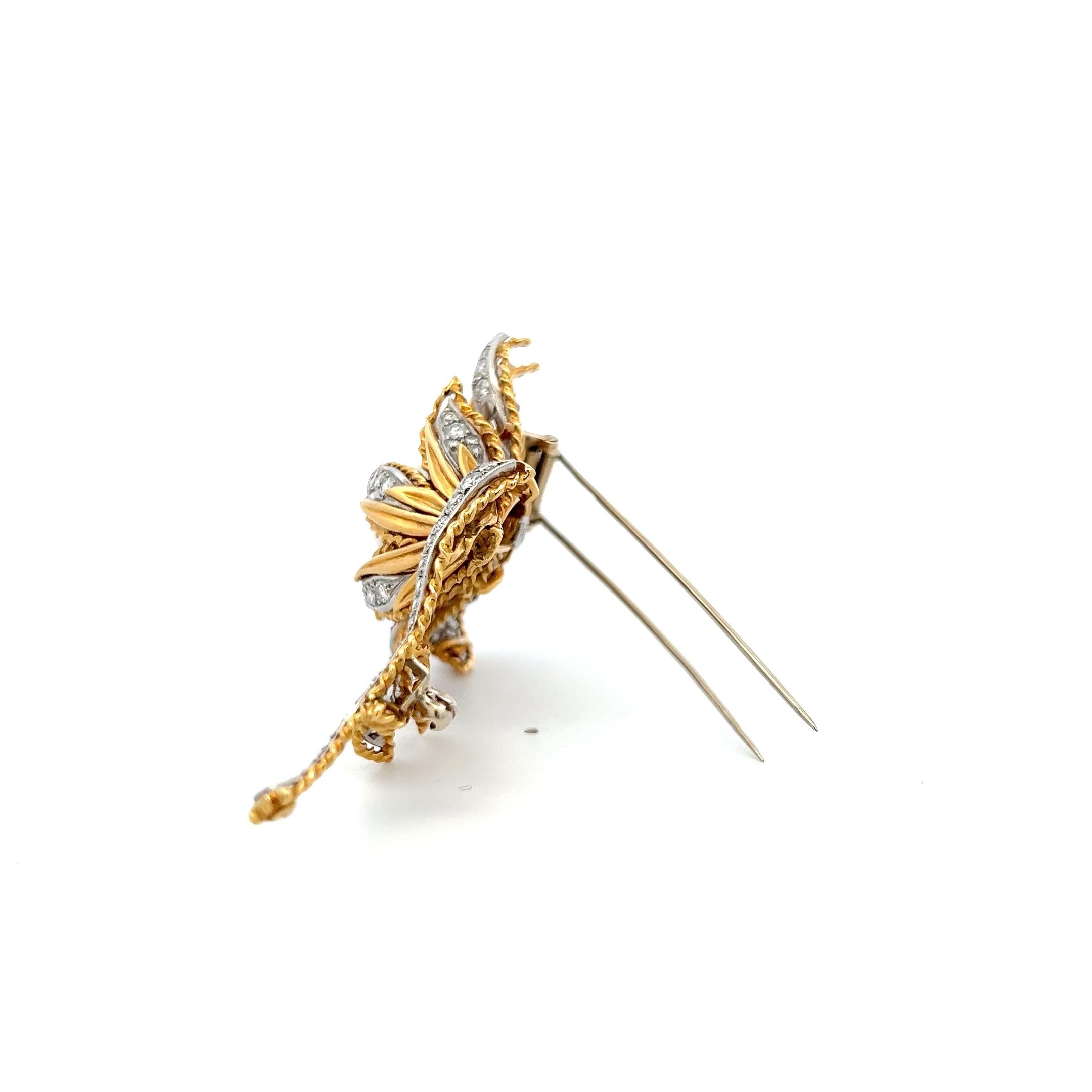18K YG Flower Pin Brooch with 1.5 Carat Round H VS Diamonds and Pearl