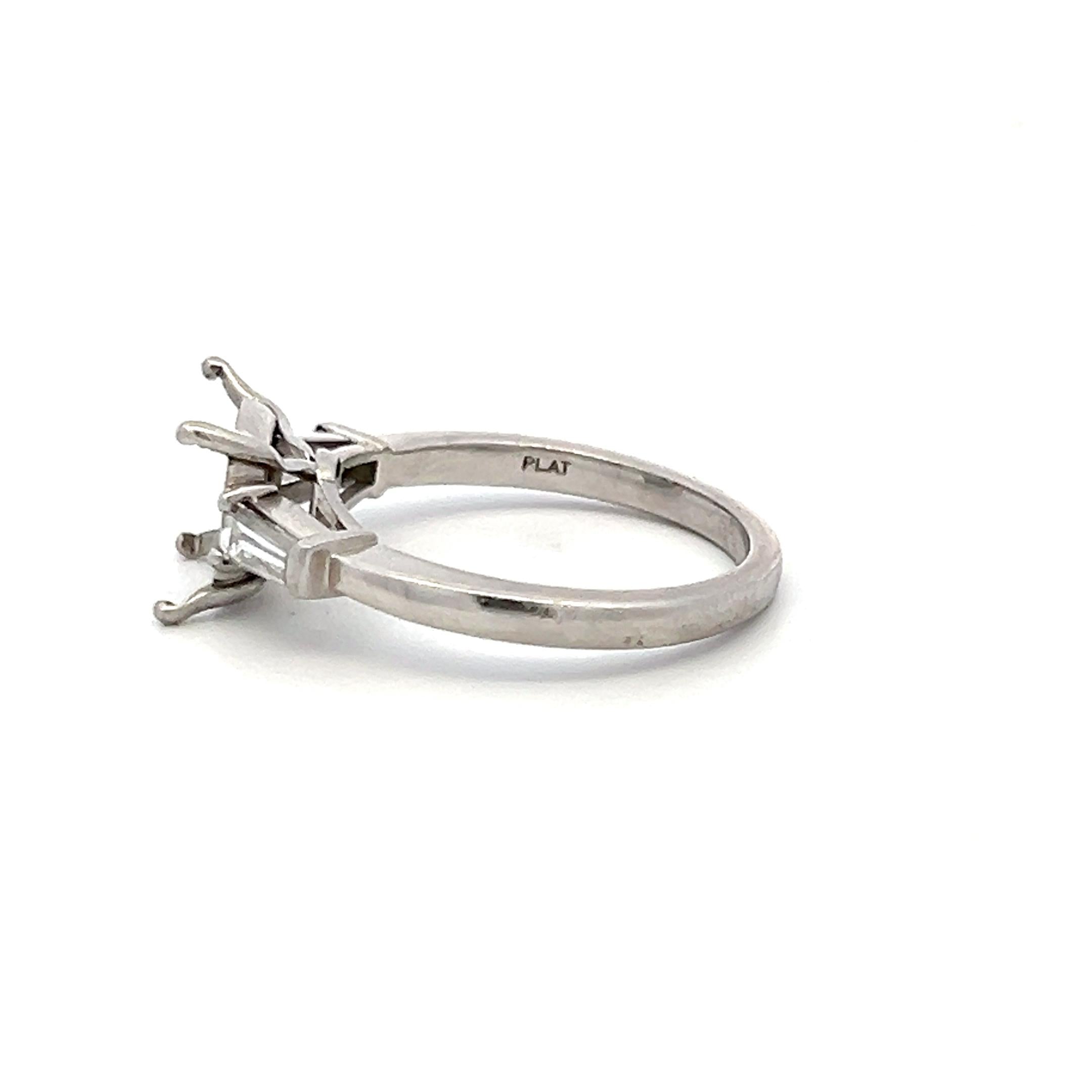 Platinum Semi Mount Ring 0.3ct Tapered Baguette H VS Diamonds Fits 8.4x7.1mm